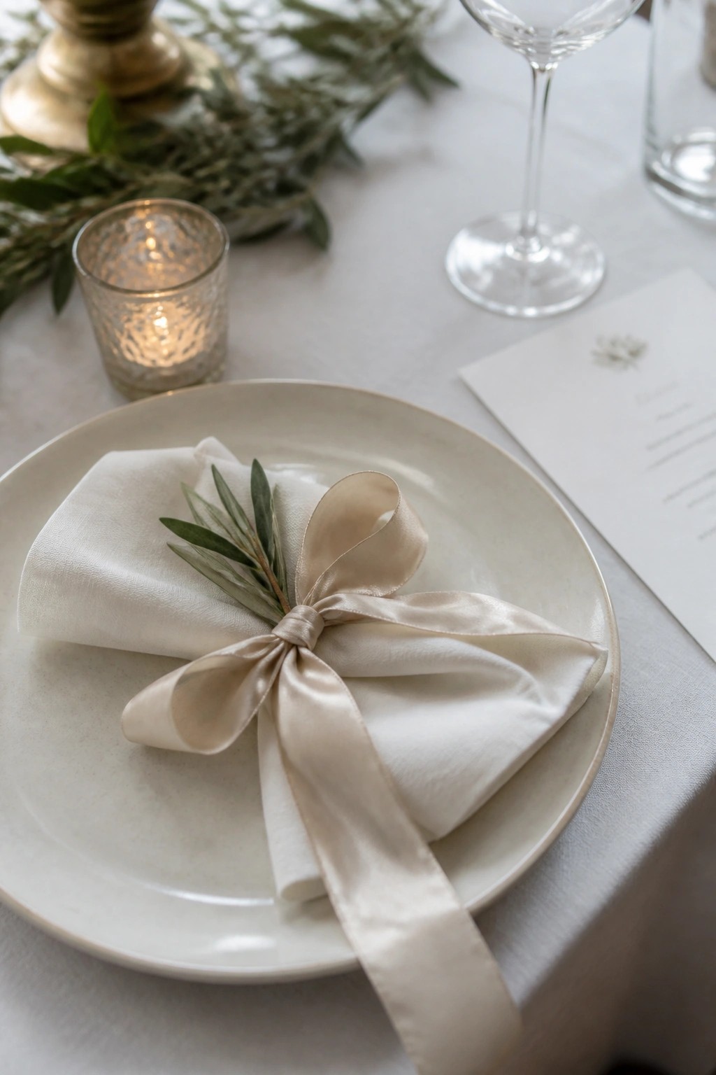 Close up of a white wedding place setting with a beige satin ribbon bow on a folded napkin, fresh greenery tucked in, and a lit candle on a neutral table.