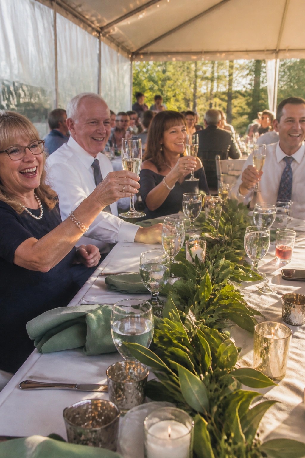 Wedding guests toasting with champagne glasses at a long table under a tent during an outdoor reception.