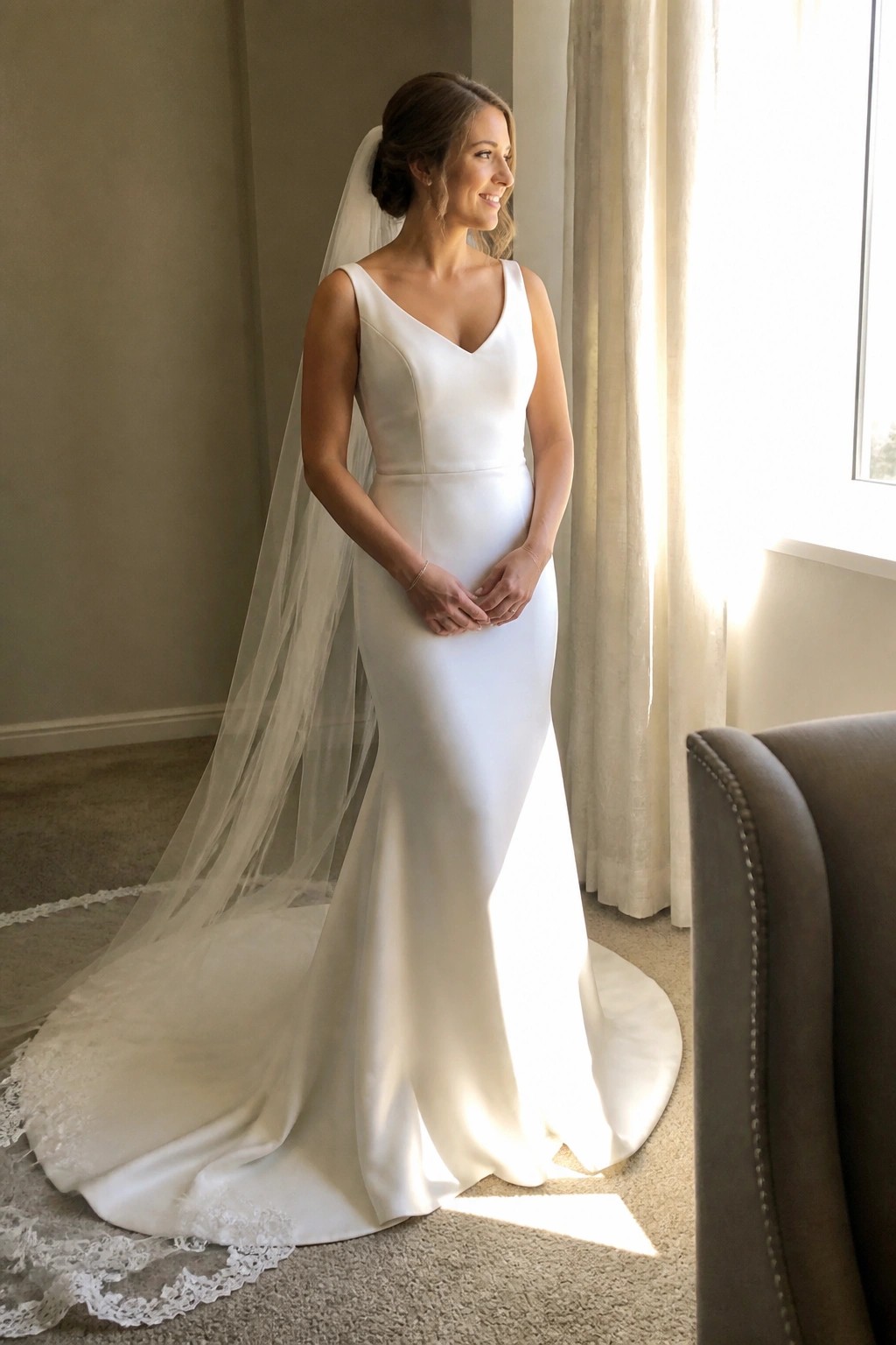 Bride in white mermaid dress and long lace veil stands in sunlit room with hands clasped smiling softly to the side