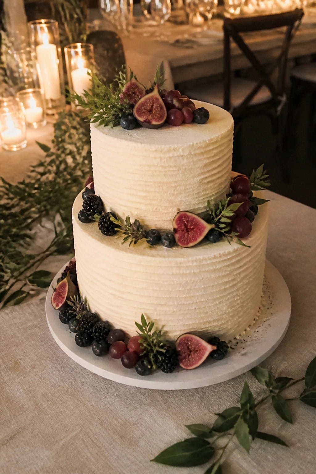Two tier white wedding cake with textured frosting topped and surrounded by fresh figs grapes blackberries blueberries and green foliage on a marble stand with candlelight in the background.