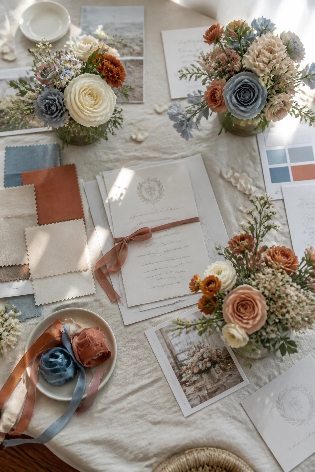 Top down view of a wedding vision board featuring an invitation suite with ribbon fabric swatches ribbons and floral arrangements in soft blue terracotta cream and blush tones on a linen surface.