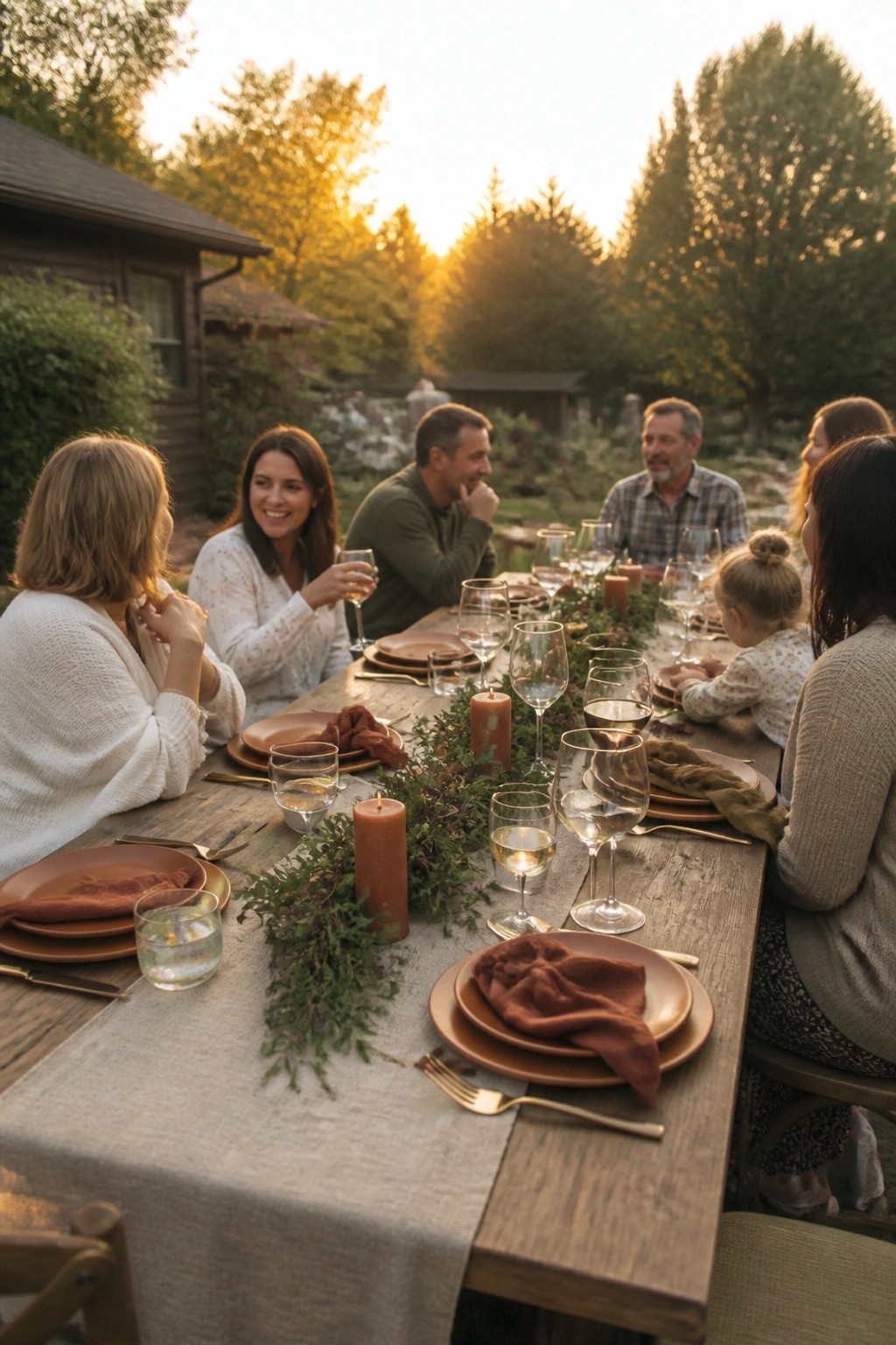 Outdoor wooden table set with terracotta plates, rust napkins, greenery, and candles as guests enjoy a sunset dinner in a garden.