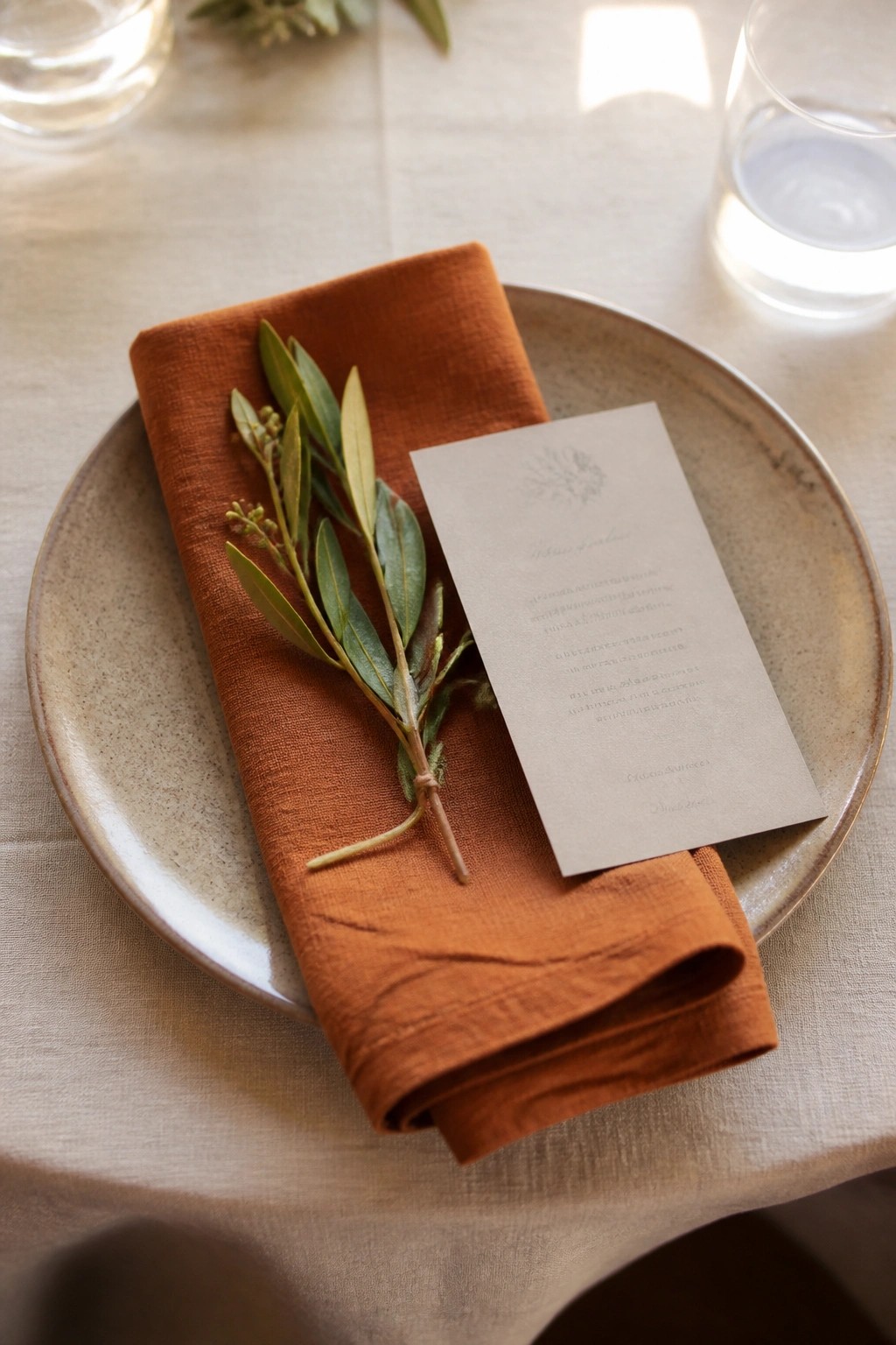 Close up of a wedding place setting with a terracotta napkin folded on a ceramic plate, olive branch tied with twine, and a taupe menu card on a linen tablecloth.