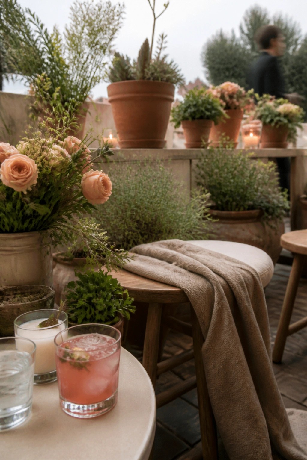 Outdoor wedding scene with terracotta pots filled with peach roses and greenery, a taupe cloth on a wooden stool, pink cocktails, and lit candles on a rooftop patio at dusk.