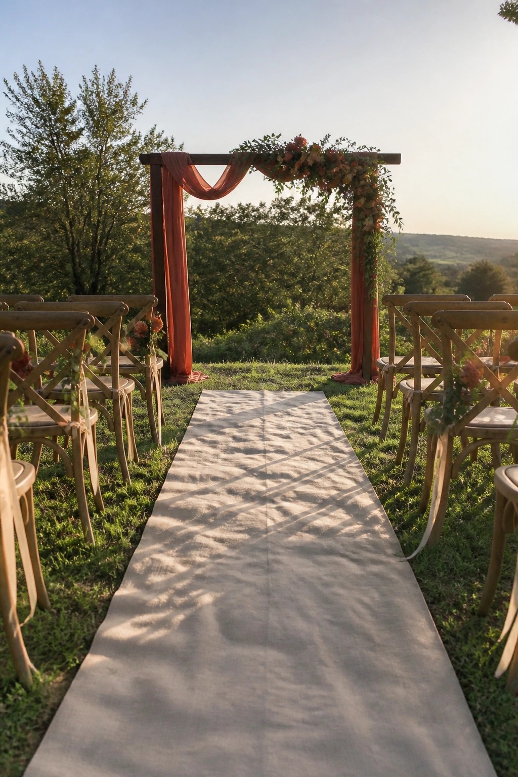 Outdoor wedding aisle with terracotta draped wooden arch, peach and rust floral accents, taupe runner on grass, wooden chairs, and sunset landscape view.