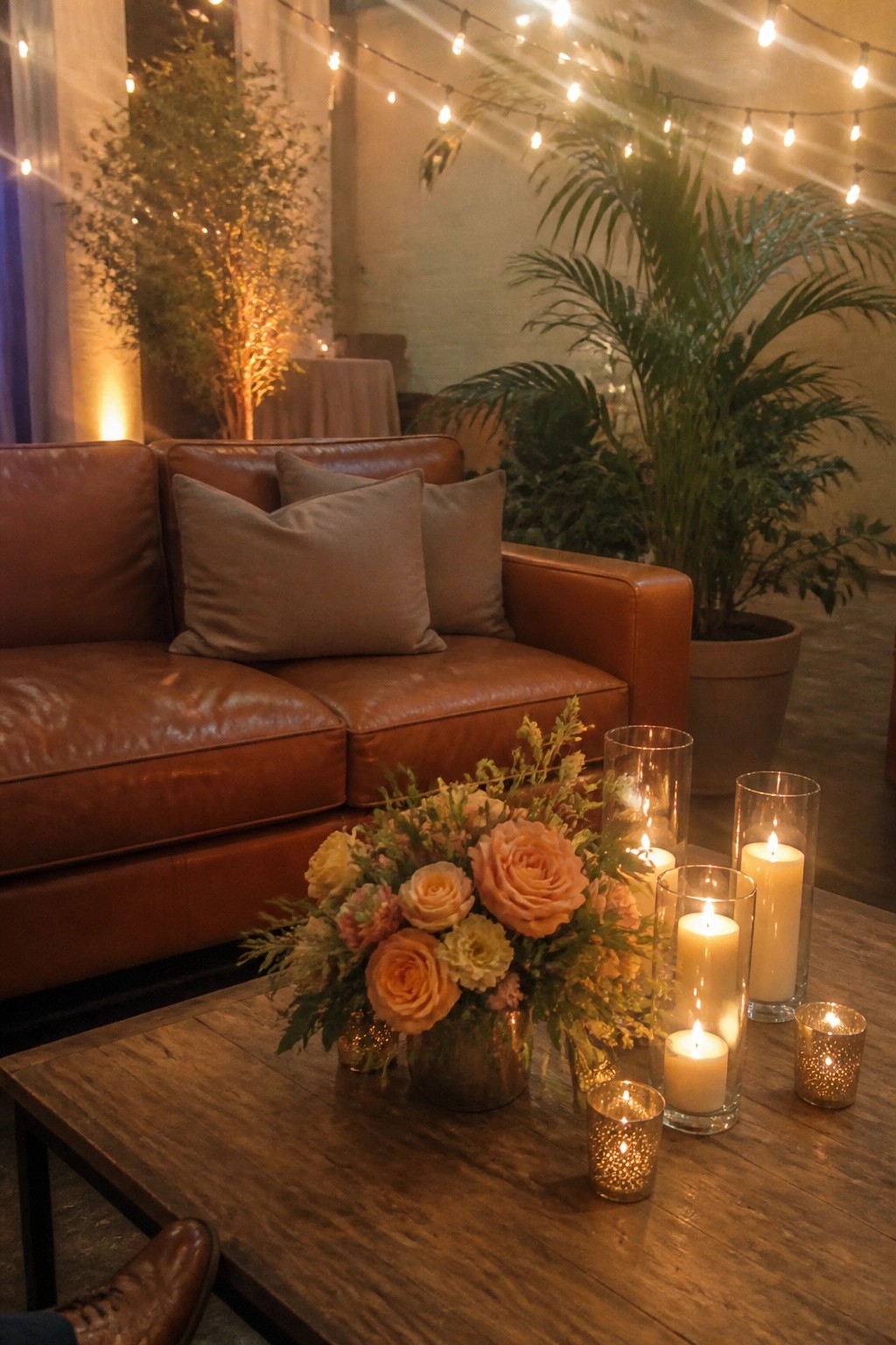Cozy wedding lounge featuring a brown leather couch with taupe pillows a peach rose floral centerpiece and lit candles on a wooden table under string lights with greenery in the background