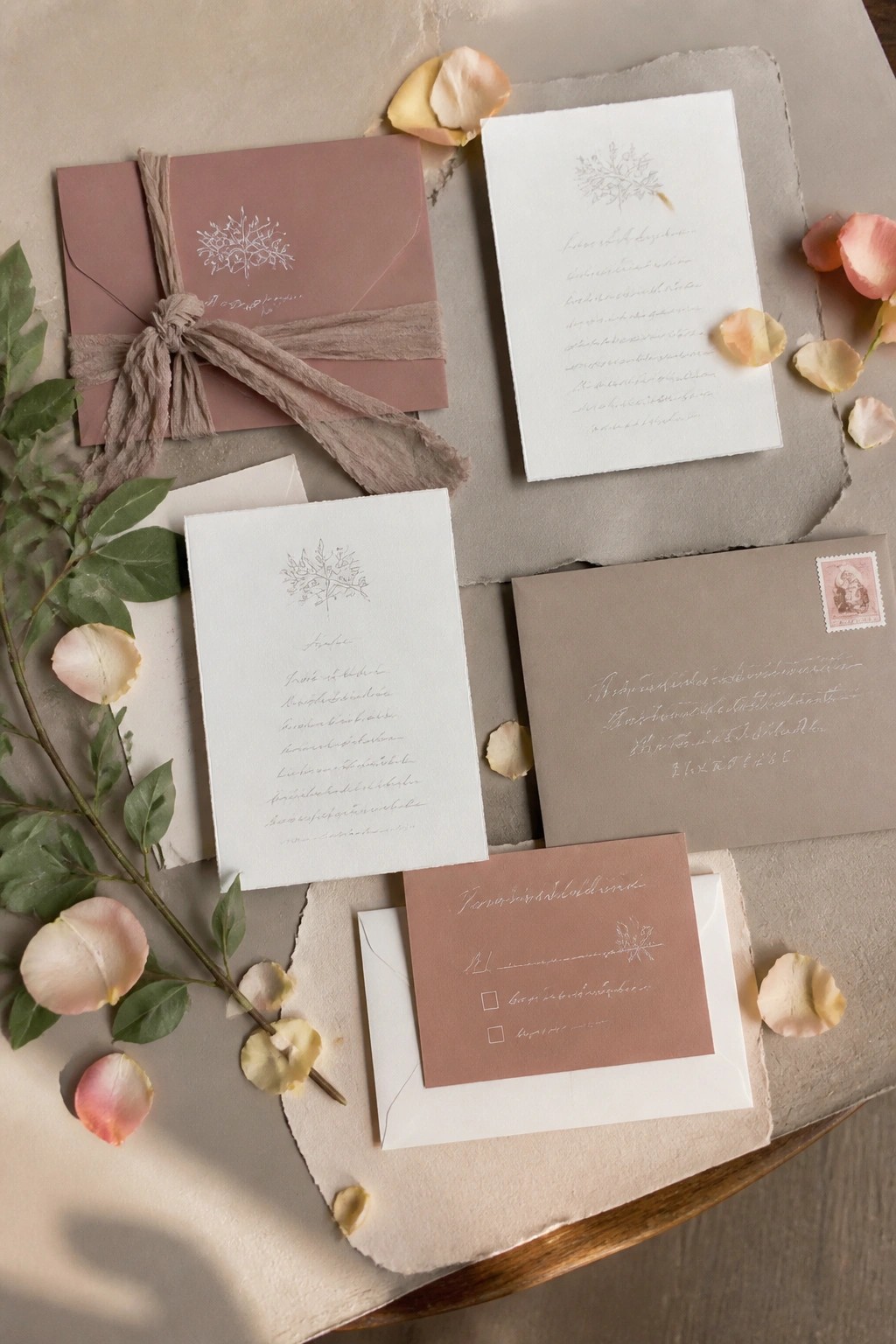 Flat lay of terracotta and taupe wedding invitations with floral motifs, calligraphy, ribbon, rose petals, and greenery on a neutral background.