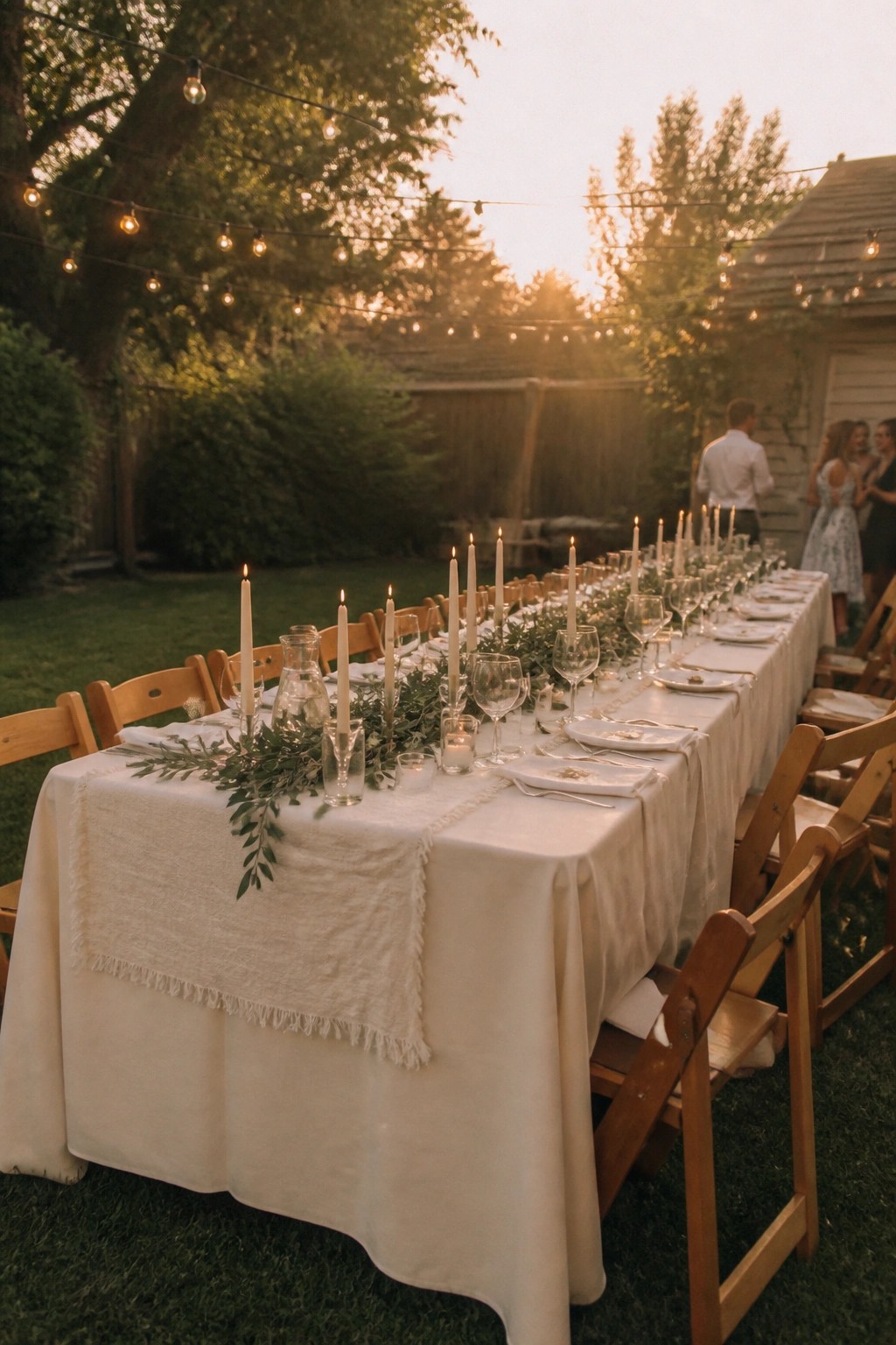 Long outdoor wedding table set with white linens candles and greenery under string lights at sunset on a lawn
