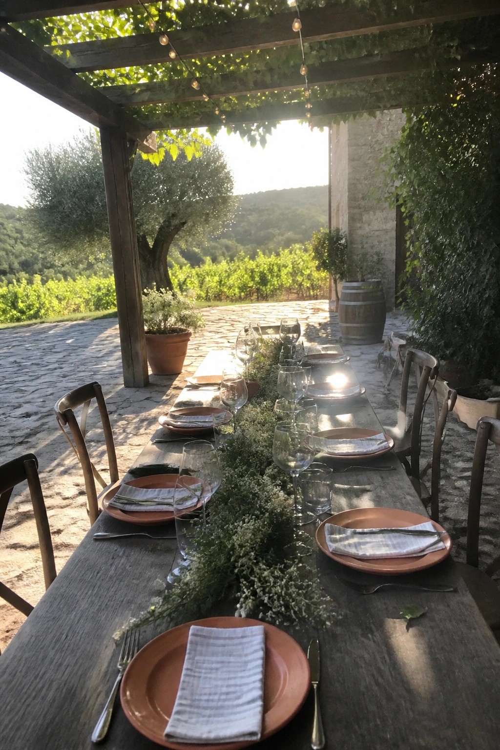 Long wooden table set with terracotta plates and greenery under a vine covered pergola overlooking vineyards at sunset
