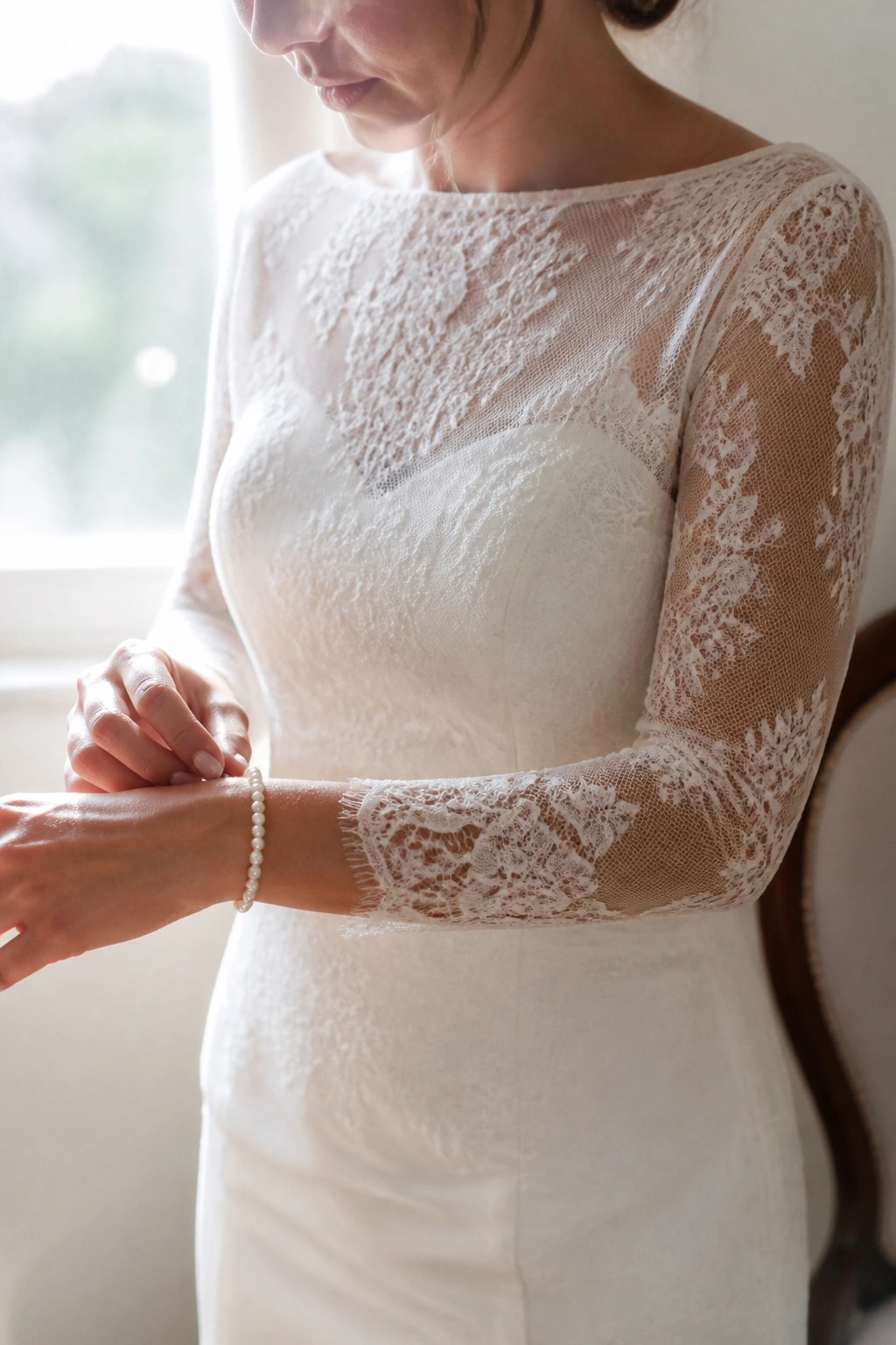 Close up of a bride in a white lace wedding dress with long sheer sleeves and a pearl bracelet in soft natural light