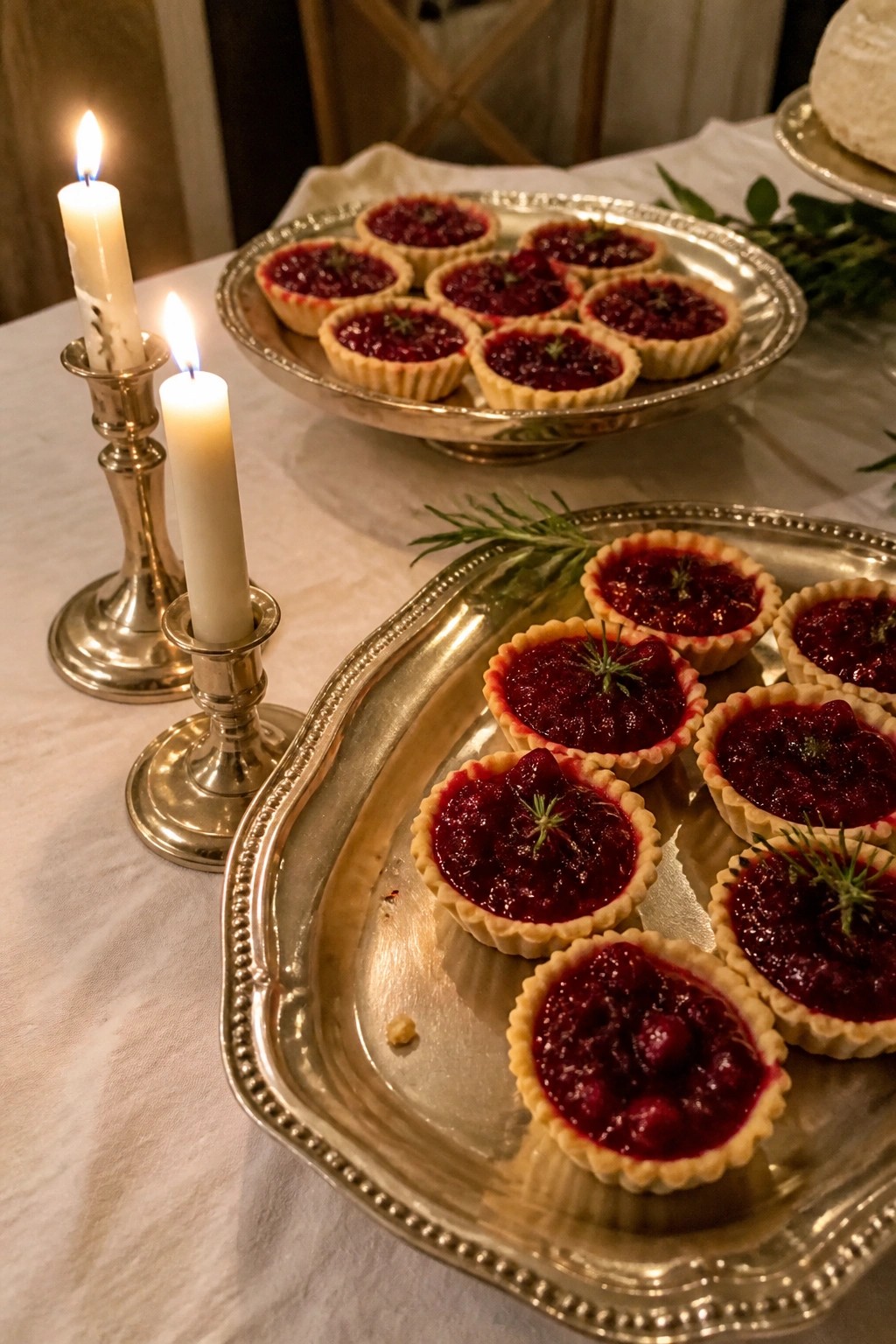 Silver platters of cranberry tarts beside glowing candles on a white table at a winter wedding.