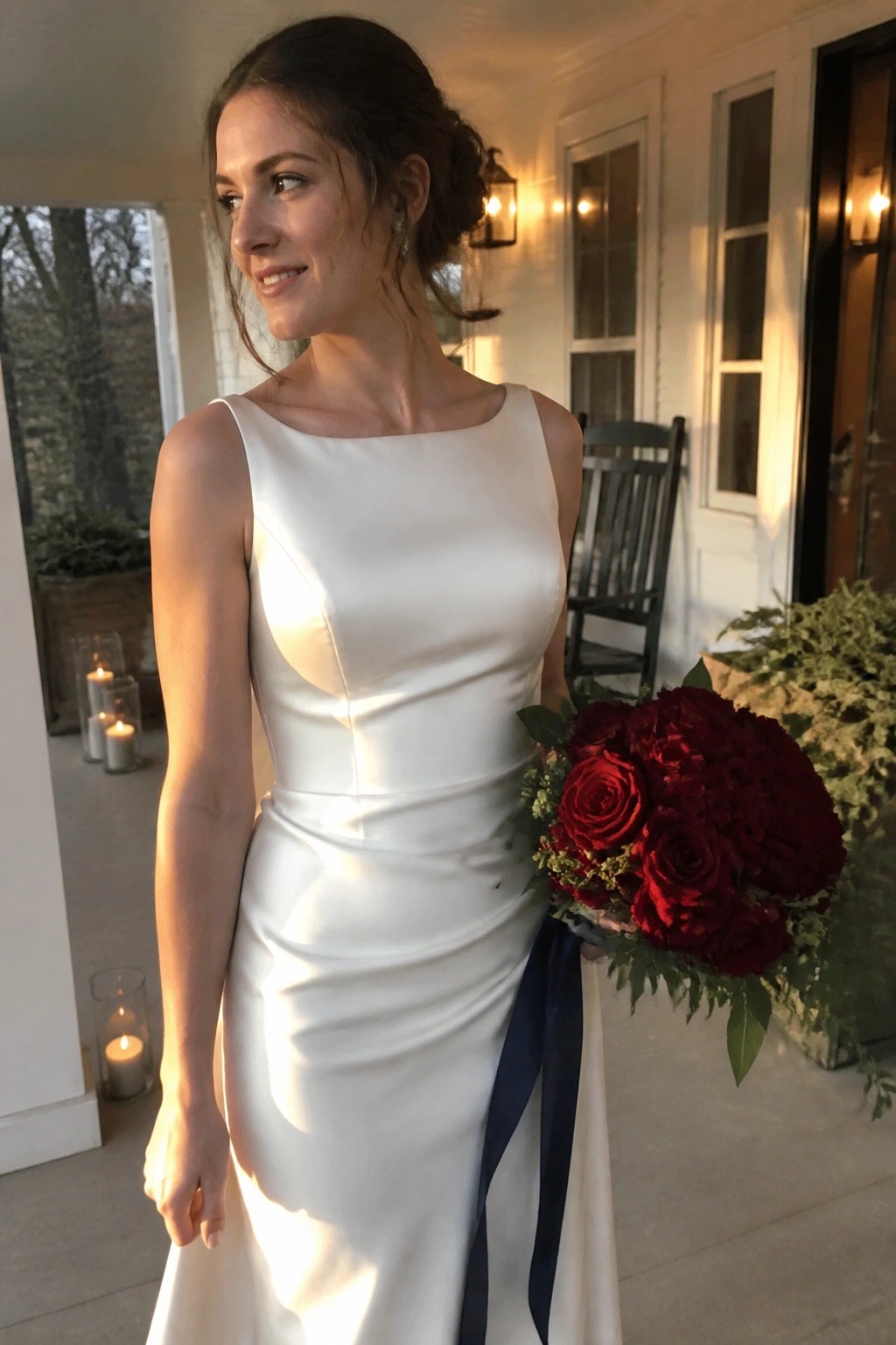 Bride in ivory satin gown holds red rose bouquet with navy ribbon on a candlelit porch at dusk.