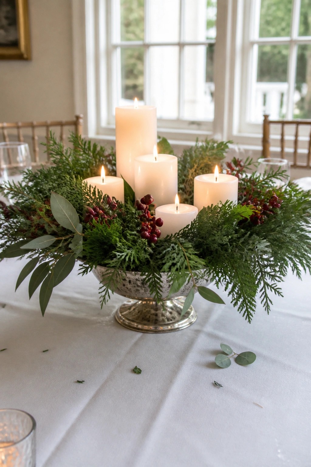 A silver bowl centerpiece with emerald greenery, cranberry berries, and flickering ivory candles on a white tablecloth in a bright room with windows.