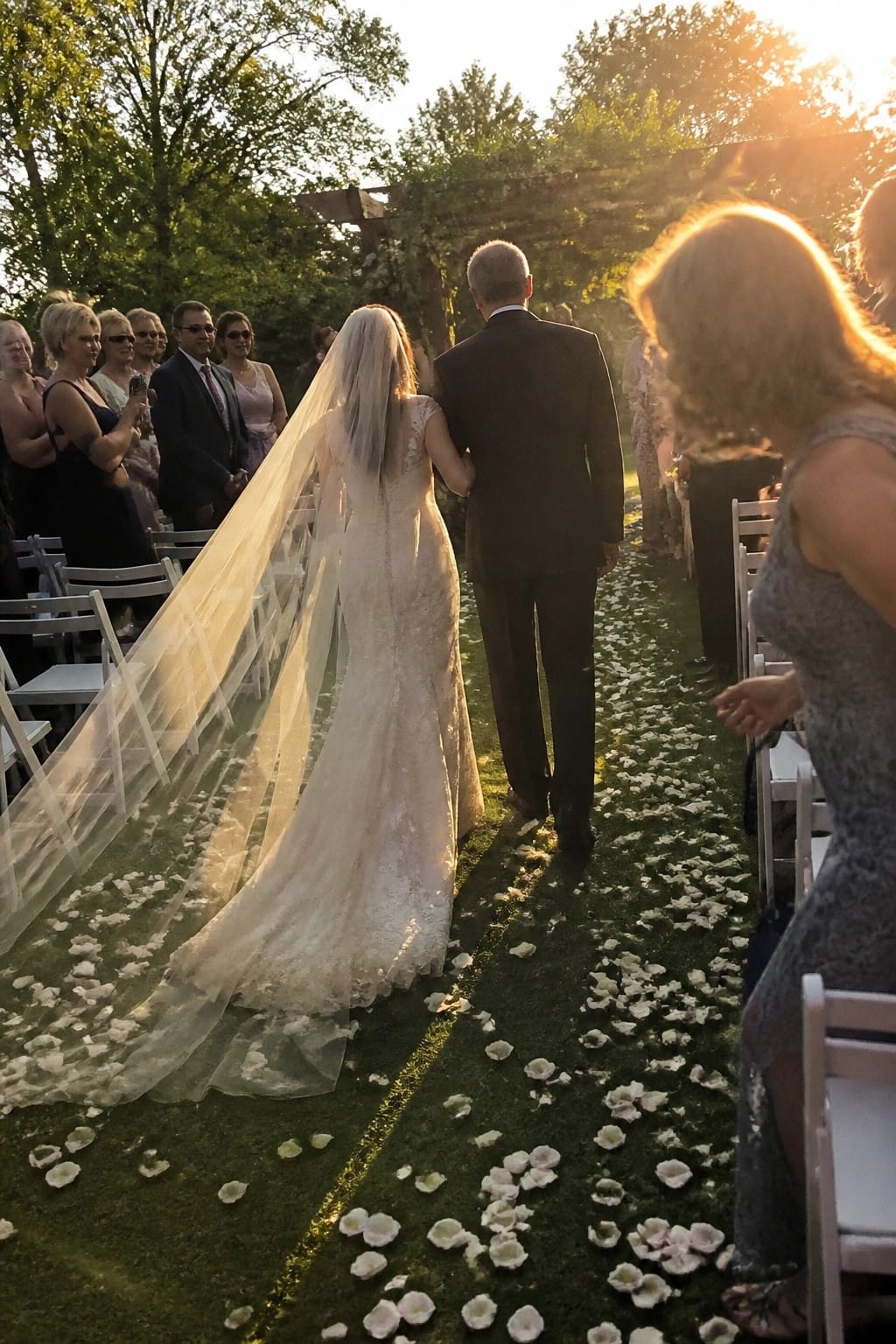 Bride in lace dress and veil walks arm in arm with her father down a petal covered aisle at sunset with guests seated nearby.