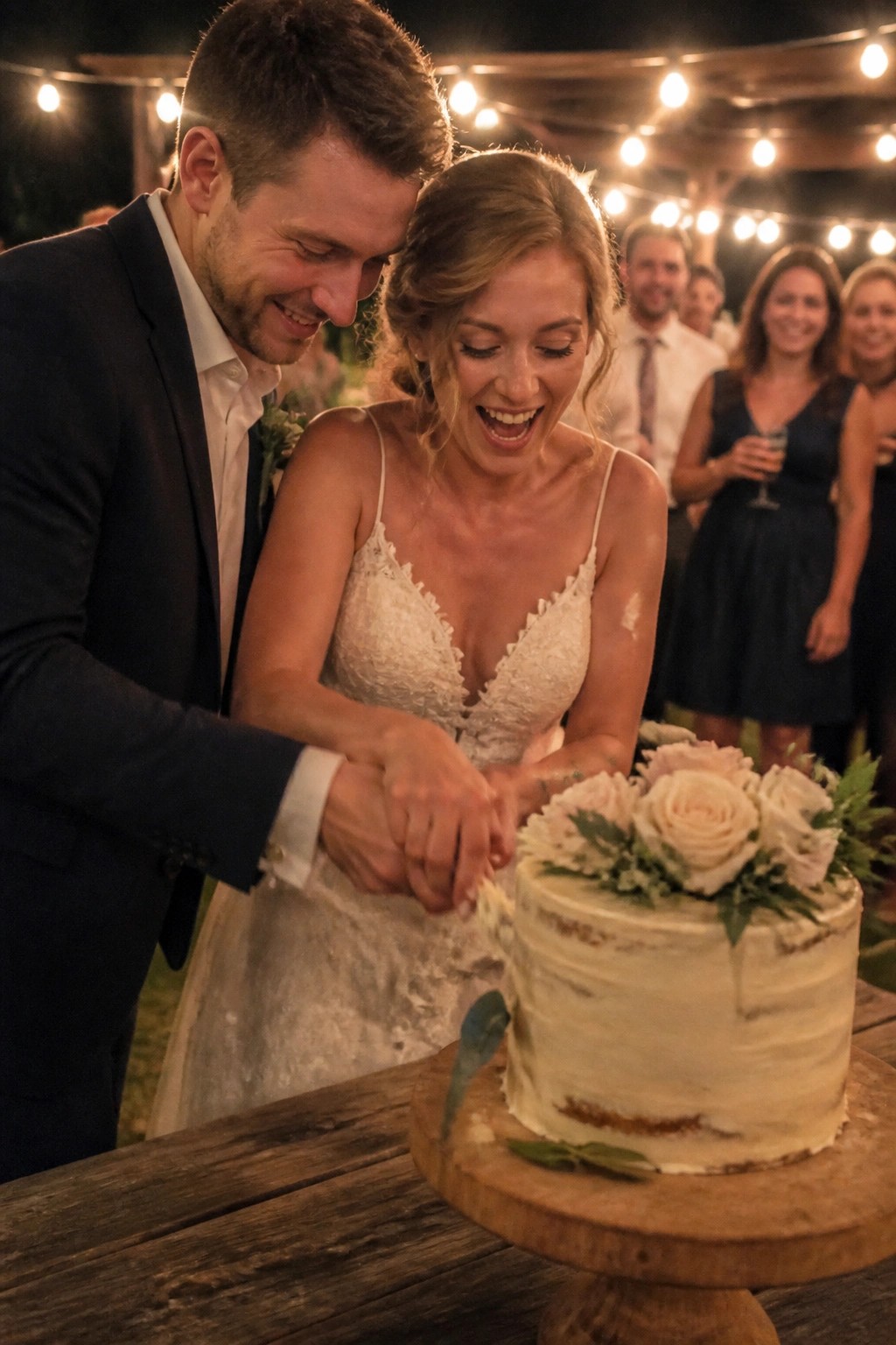 Bride and groom smiling as they cut a rustic white wedding cake with roses on a wooden stand at night under string lights with guests watching in the background