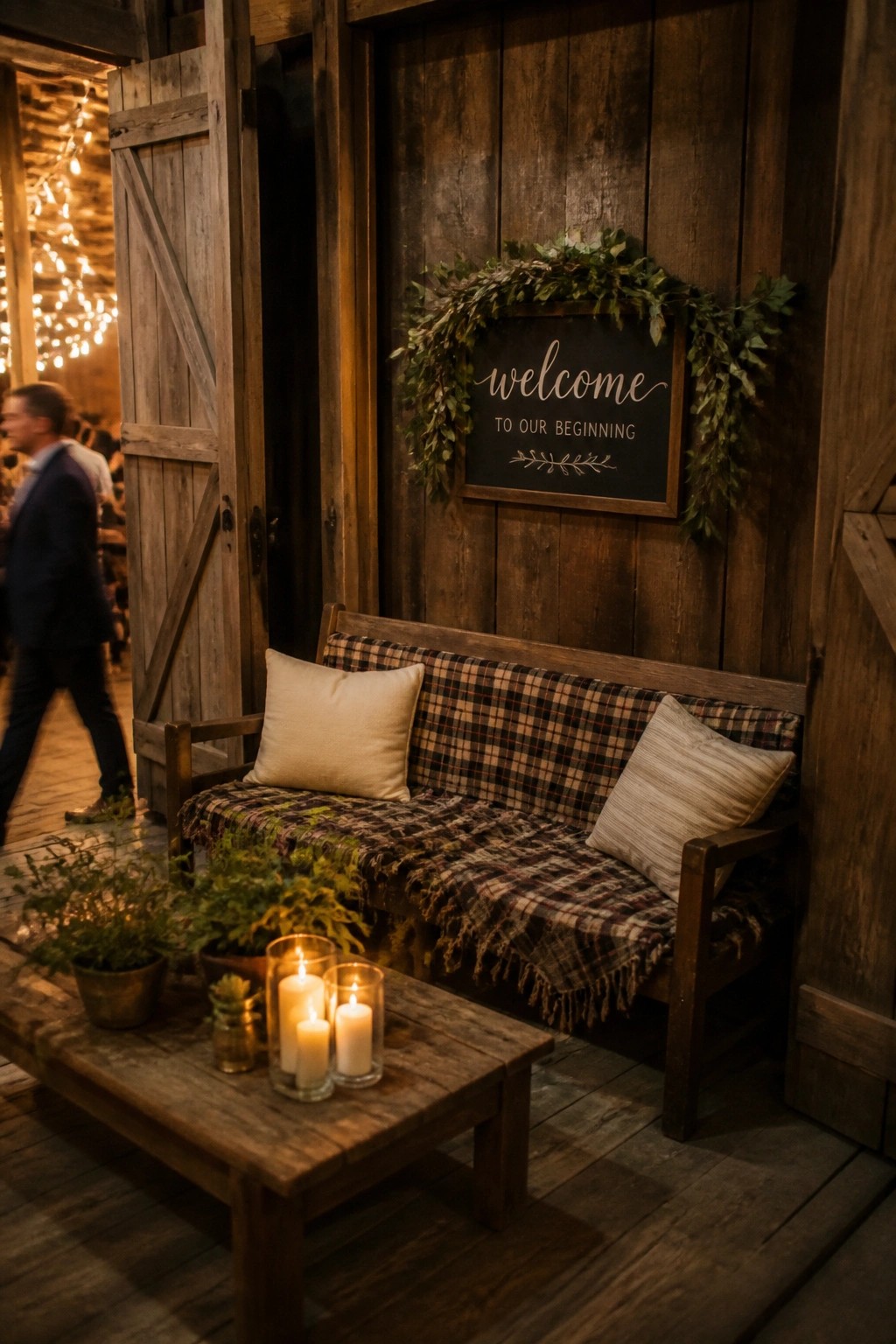 Rustic wooden bench with plaid throw and pillows beside a welcome chalkboard sign and glowing candles in a barn venue with string lights visible.