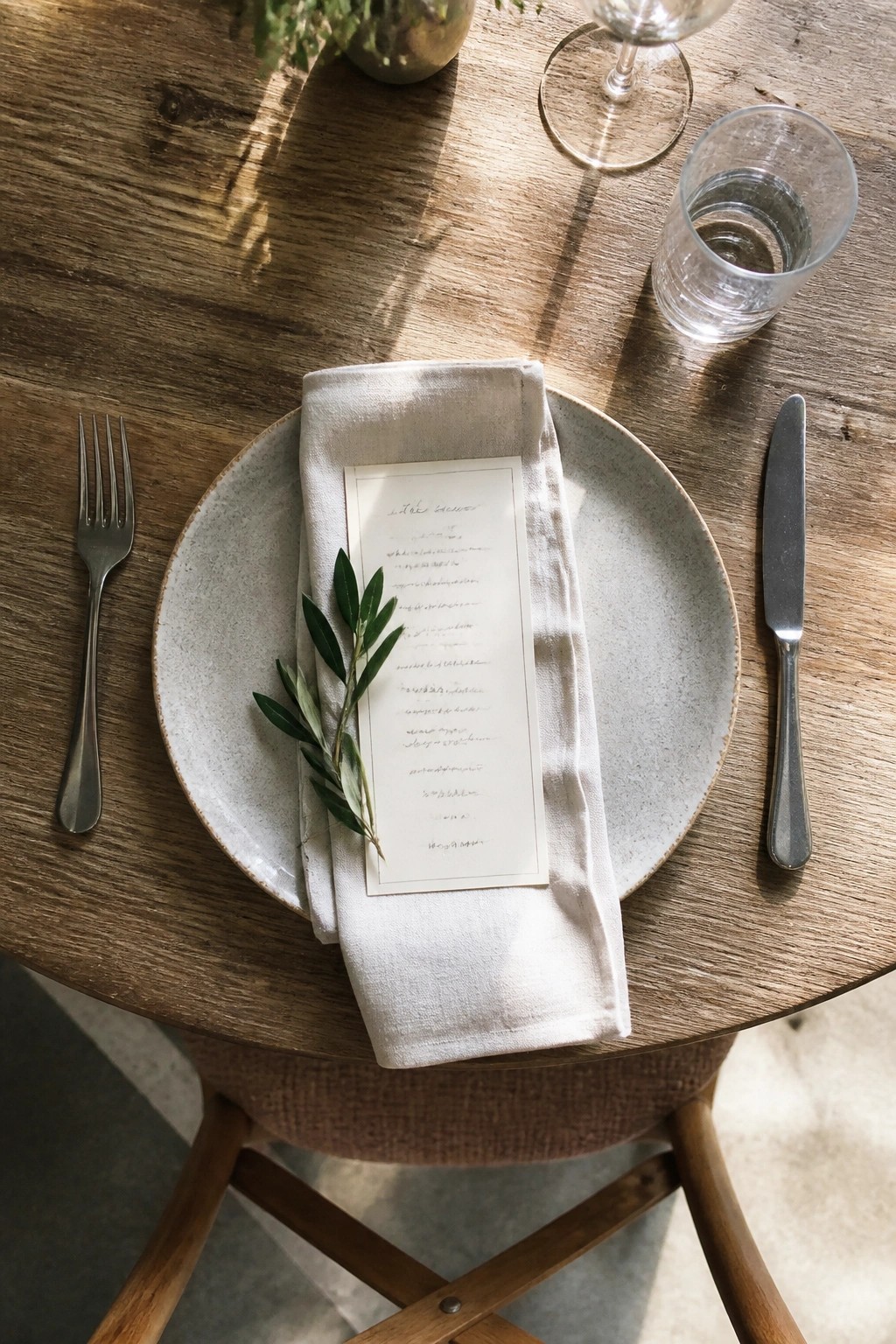 Top down view of rustic wedding place setting on wooden table with ceramic plate linen napkin handwritten menu olive branch fork knife and glasses in natural light