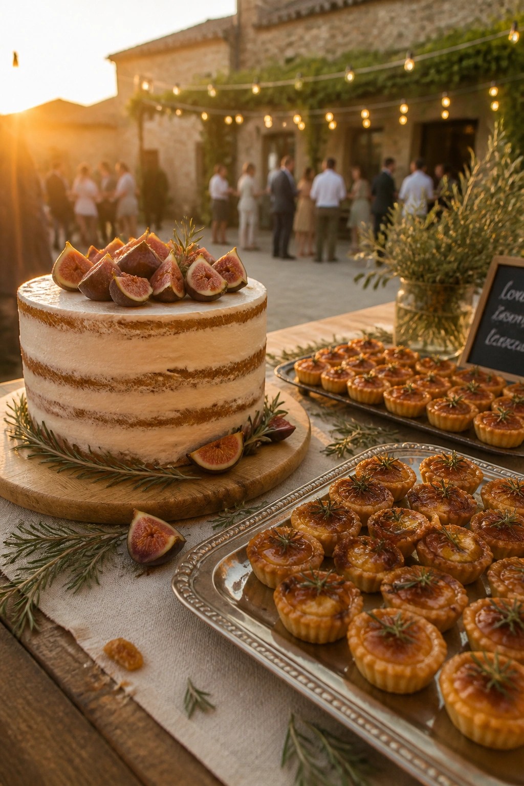 A rustic wedding dessert table at sunset features a naked fig and rosemary cake on wood beside trays of small tarts with string lights and guests in the background.