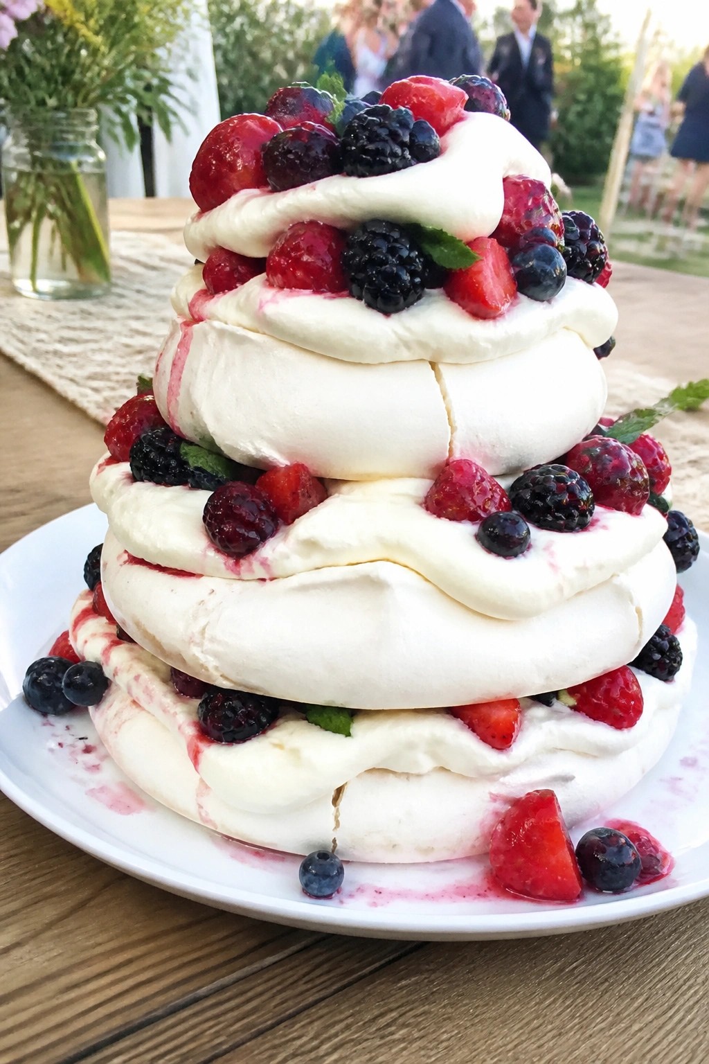 Tall layered pavlova cake with white meringue cream and mixed berries on a white plate at an outdoor wedding reception