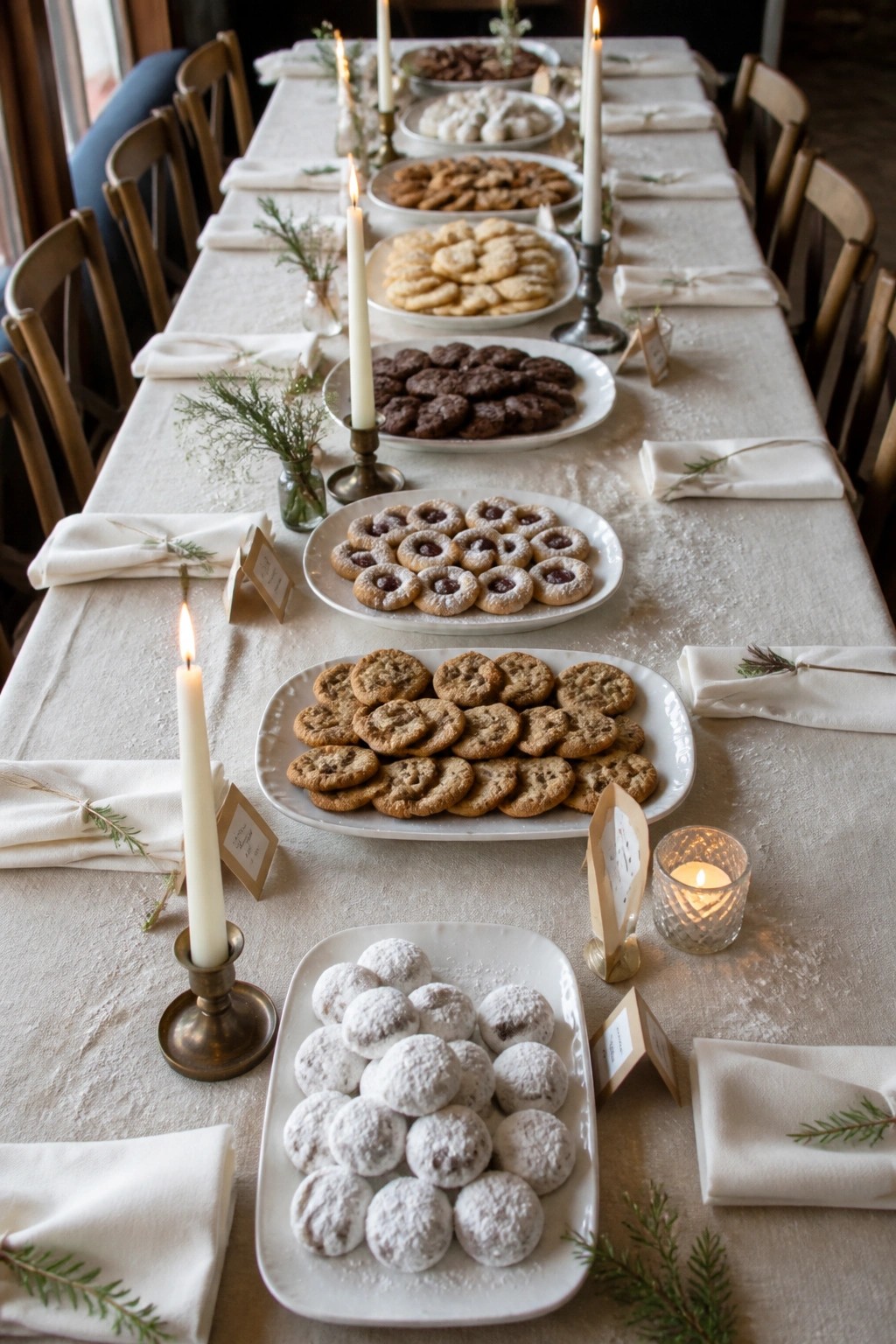 Long wedding table with white linens and multiple platters of cookies lit by candles and accented with greenery.