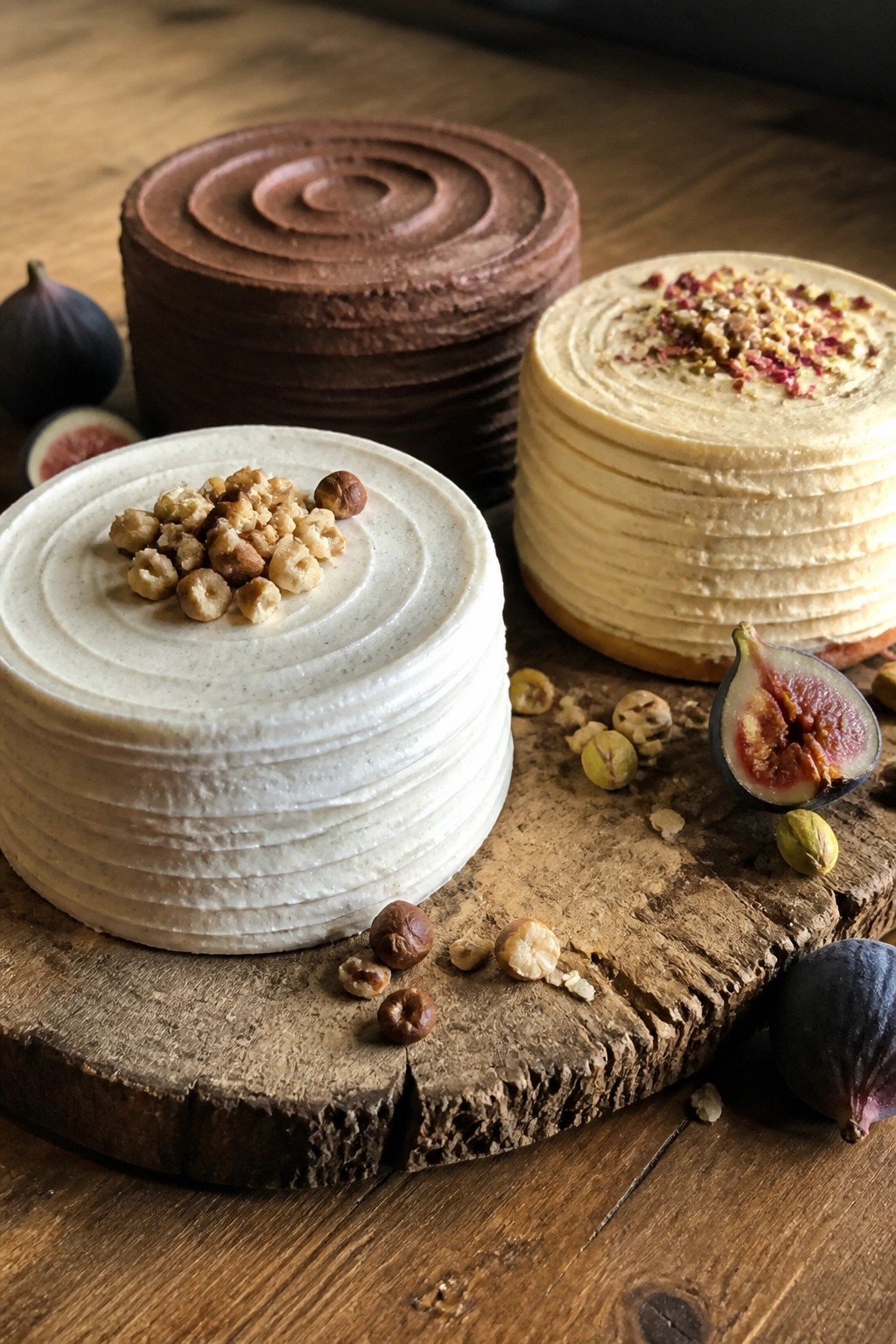 Three small round cakes in chocolate beige and white sit on rustic wood with fresh figs and hazelnuts scattered around them in warm natural light.