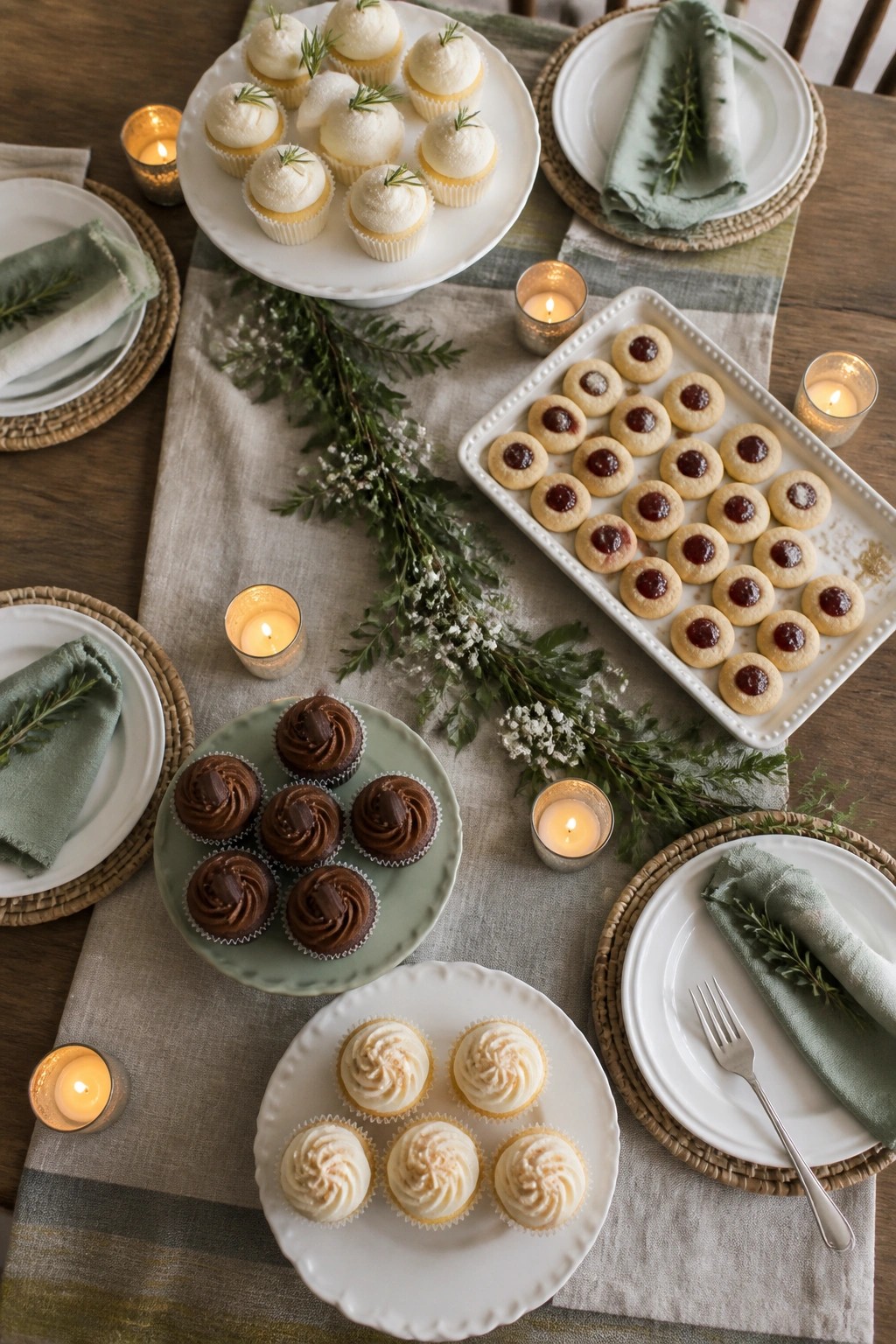 A rustic wedding dessert table on a wooden surface with linen runner, displaying white and chocolate cupcakes, jam cookies on trays, lit candles, and fresh rosemary and greenery accents amid place settings.
