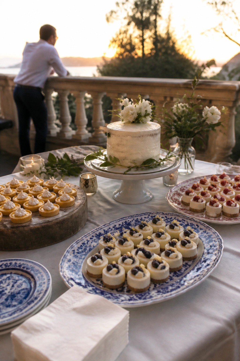 Outdoor wedding dessert table with white cake mini lemon tarts and blueberry cheesecakes at sunset overlooking the sea