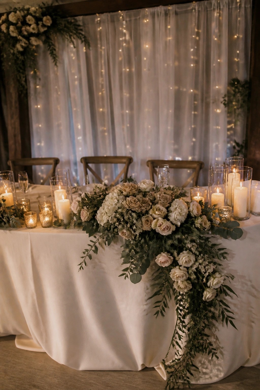 Long wedding table with white linens, cascading neutral floral runner, and numerous lit candles in glass holders against a backdrop of string lights and sheer draping.