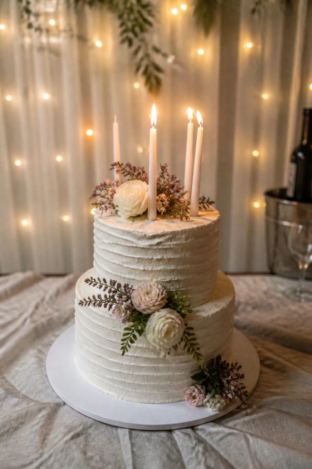 Two tier white wedding cake with lit candles and white floral accents on a linen table under string lights.