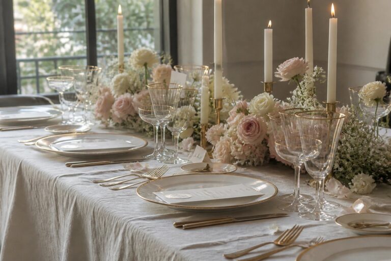 19 Elegant Wedding Decor Ideas in Candles, Florals, Draping, and Timeless Neutrals A long wedding reception table with white linens gold rimmed plates gold flatware crystal glasses tall lit ivory candles in brass holders and a centerpiece of blush pink and white roses in front of large windows.