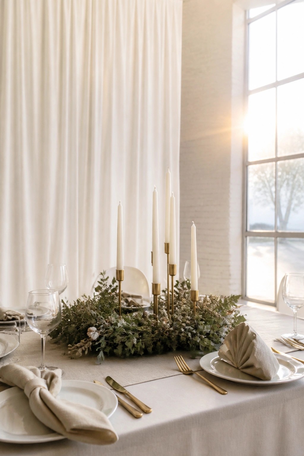 Wedding reception table featuring a circular greenery wreath centerpiece with white taper candles in gold holders, white plates, beige napkins, and gold cutlery, set before a sunlit window with white drapes.