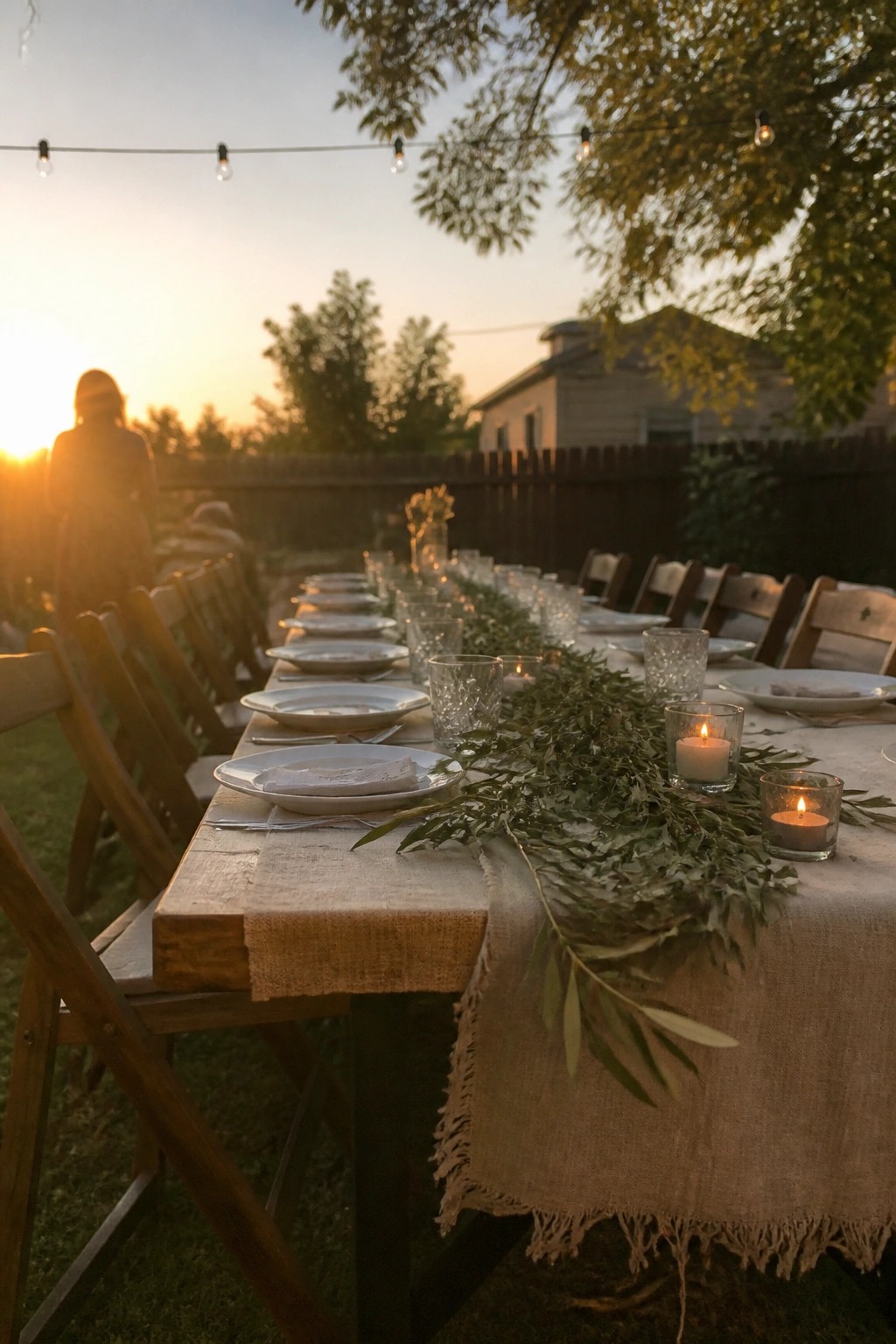 Long wooden wedding table with burlap runner white plates lit candles and greenery garland at golden hour sunset with string lights overhead