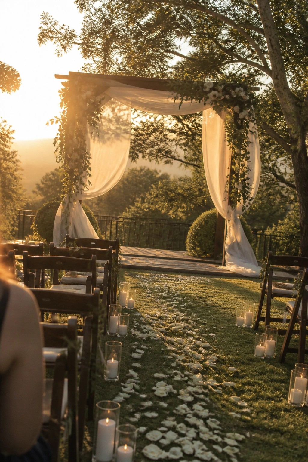 Outdoor wedding arch draped in white fabric and flowers at sunset with a petal lined aisle lined by glowing candles and wooden chairs.