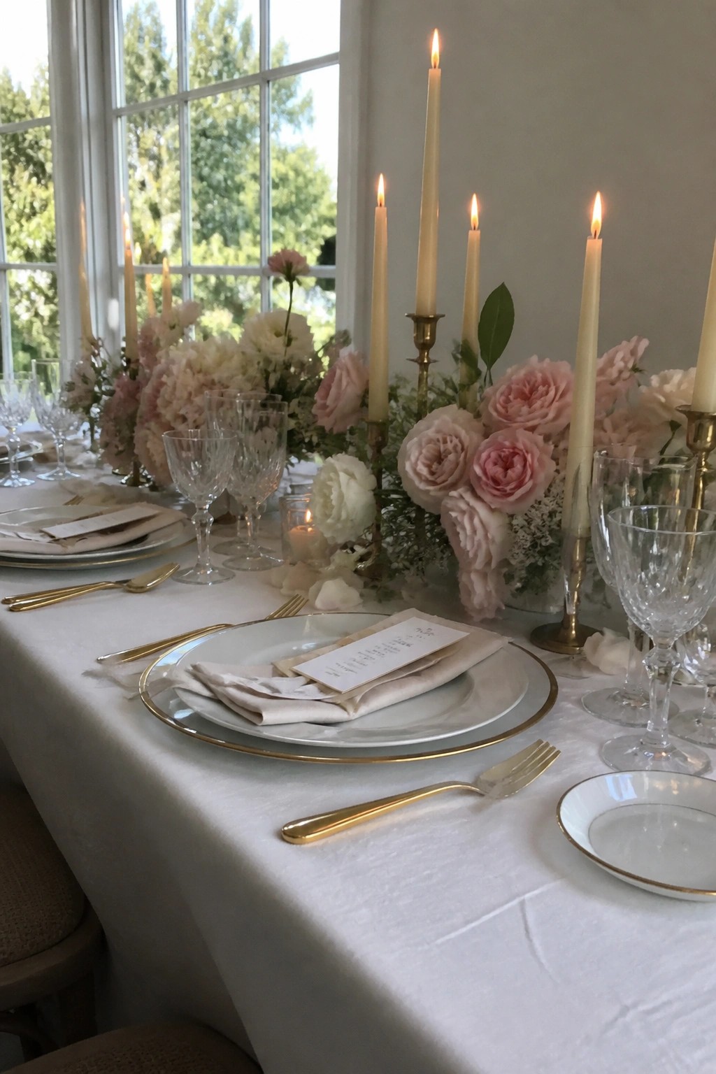 A long wedding reception table with white linens gold rimmed plates gold flatware crystal glasses tall lit ivory candles in brass holders and a centerpiece of blush pink and white roses in front of large windows.
