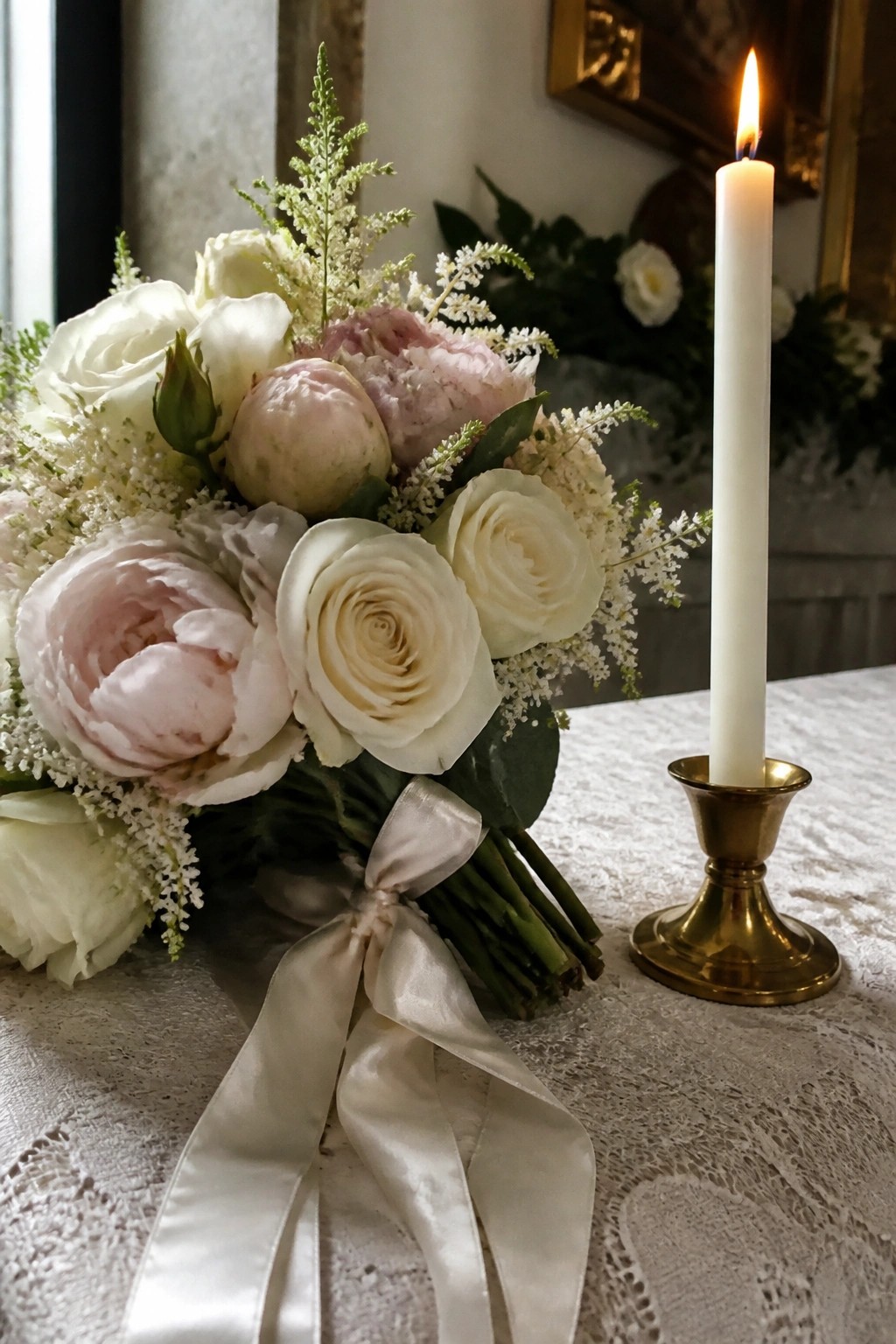 A wedding bouquet of white roses and pink peonies tied with a satin ribbon sits beside a lit white candle in a gold candlestick on a lace-covered table.