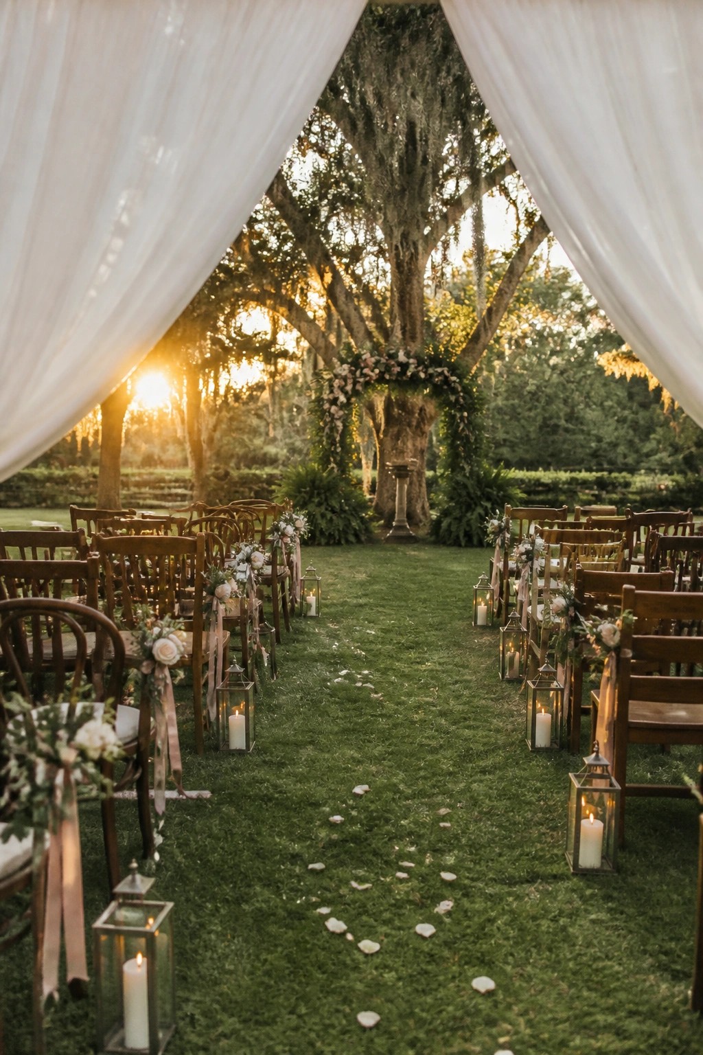 Outdoor wedding aisle on green grass with wooden chairs, white drapes overhead, lit lanterns, flower petals, and a floral arch under a large mossy tree at sunset.