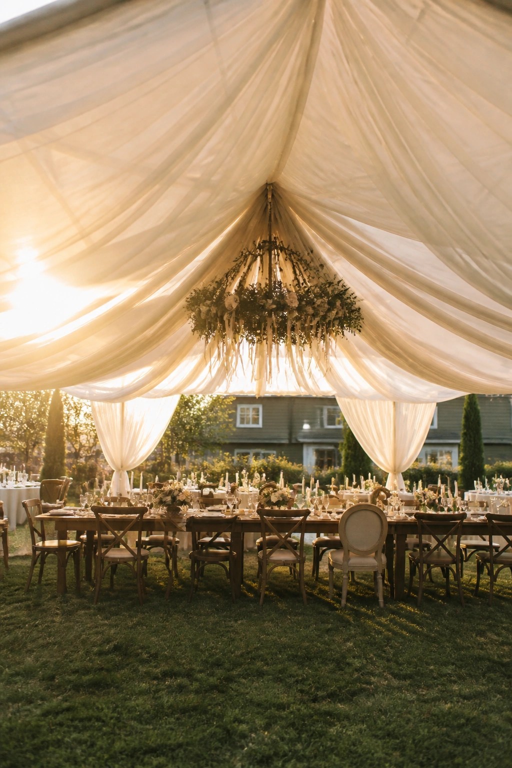 Wedding tent interior with white drapes a large hanging floral chandelier and long tables set with candles on a lawn at sunset