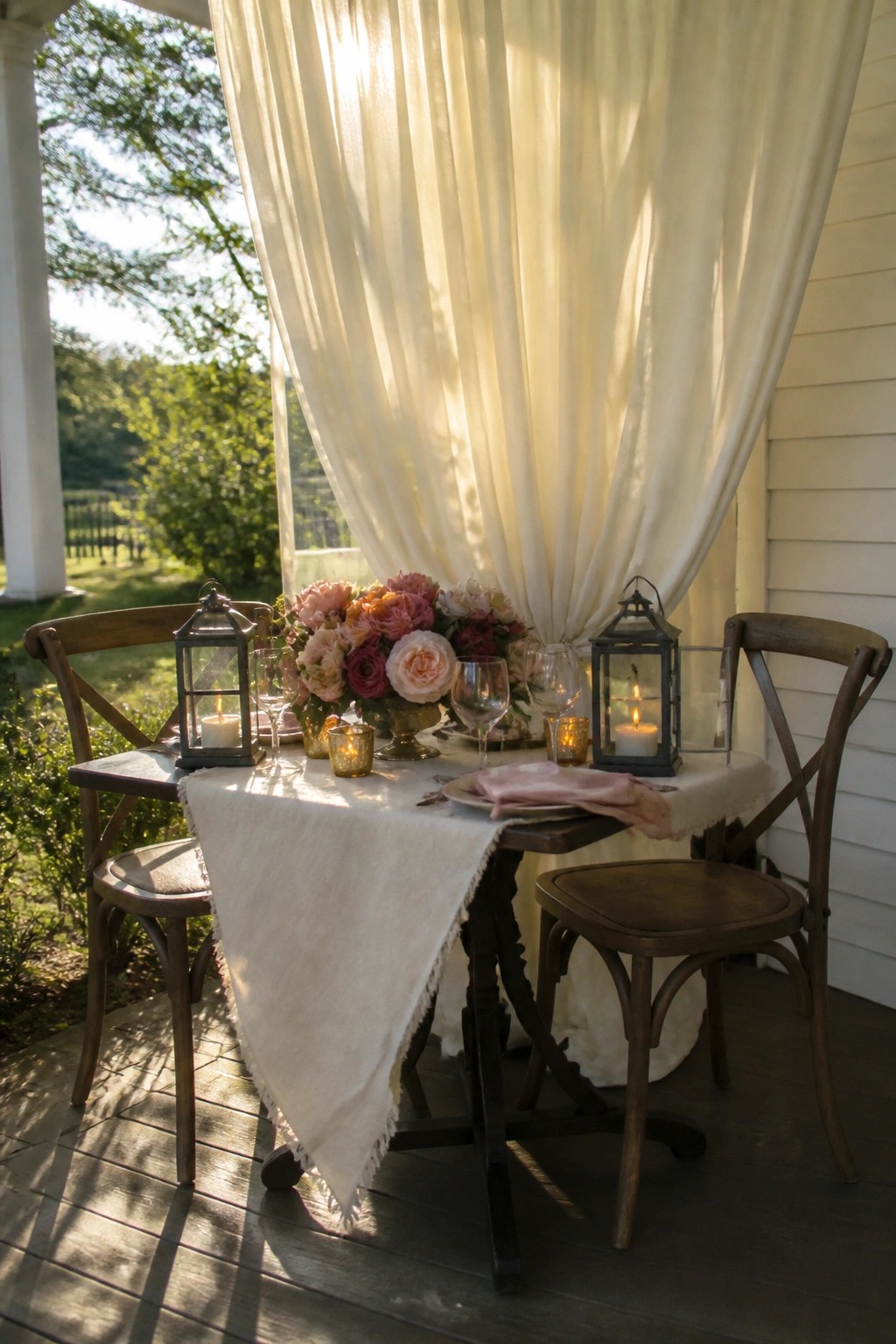Romantic wedding table on a wooden porch with white drapes, pink rose centerpiece, and glowing candle lanterns at sunset