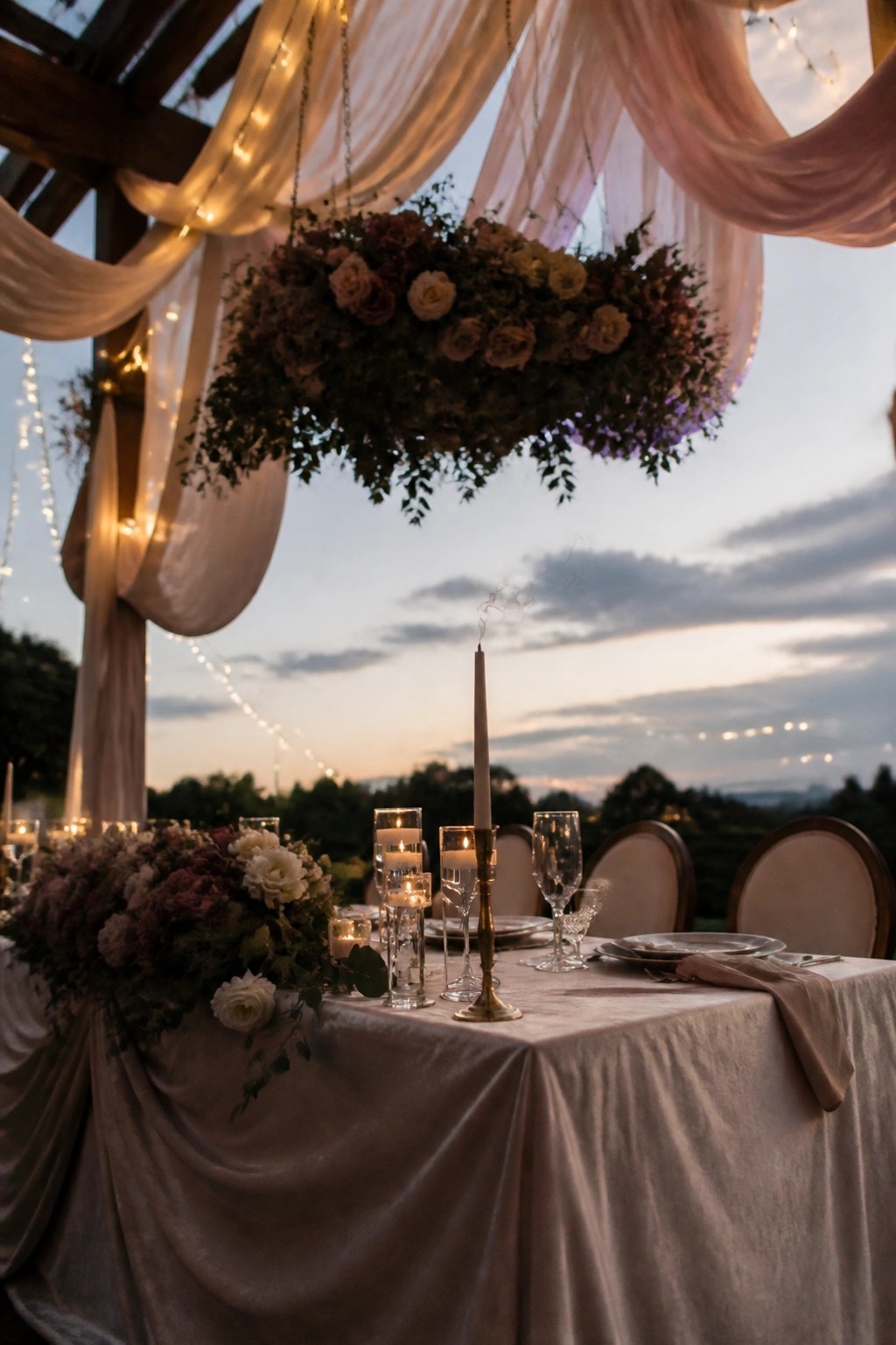 A romantic outdoor wedding table at dusk under a wooden pergola with flowing blush and white drapes, string lights, a large hanging floral arrangement of roses and greenery, and a candlelit table set with velvet linens and elegant glassware.