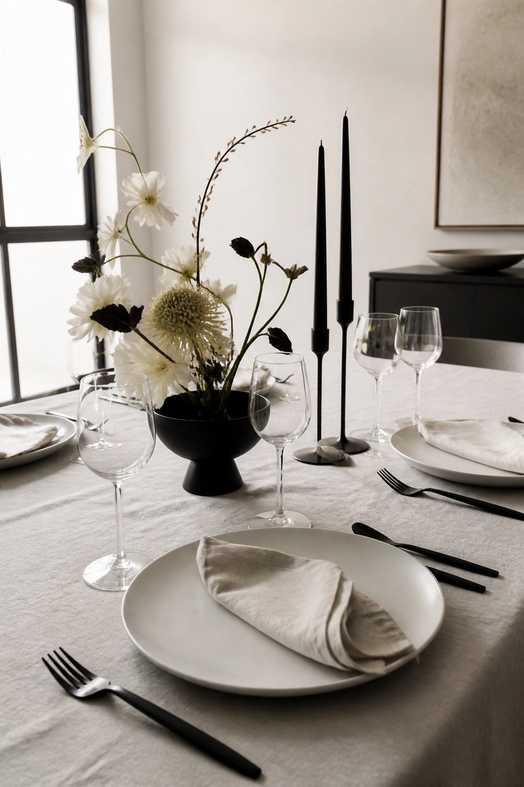 Minimalist wedding table with white plates, black candles, black cutlery, and white flowers in a black bowl on a neutral linen cloth.