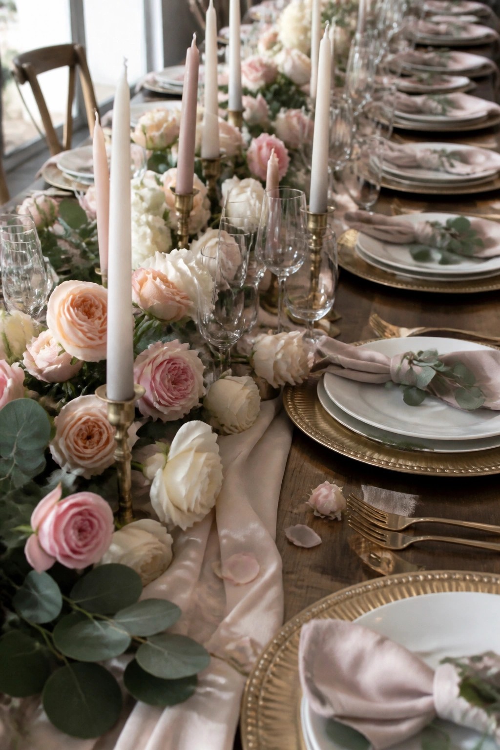 Long wedding reception table with pink and white rose garland, tall candles in gold holders, gold edged plates, and blush napkins on dark wood