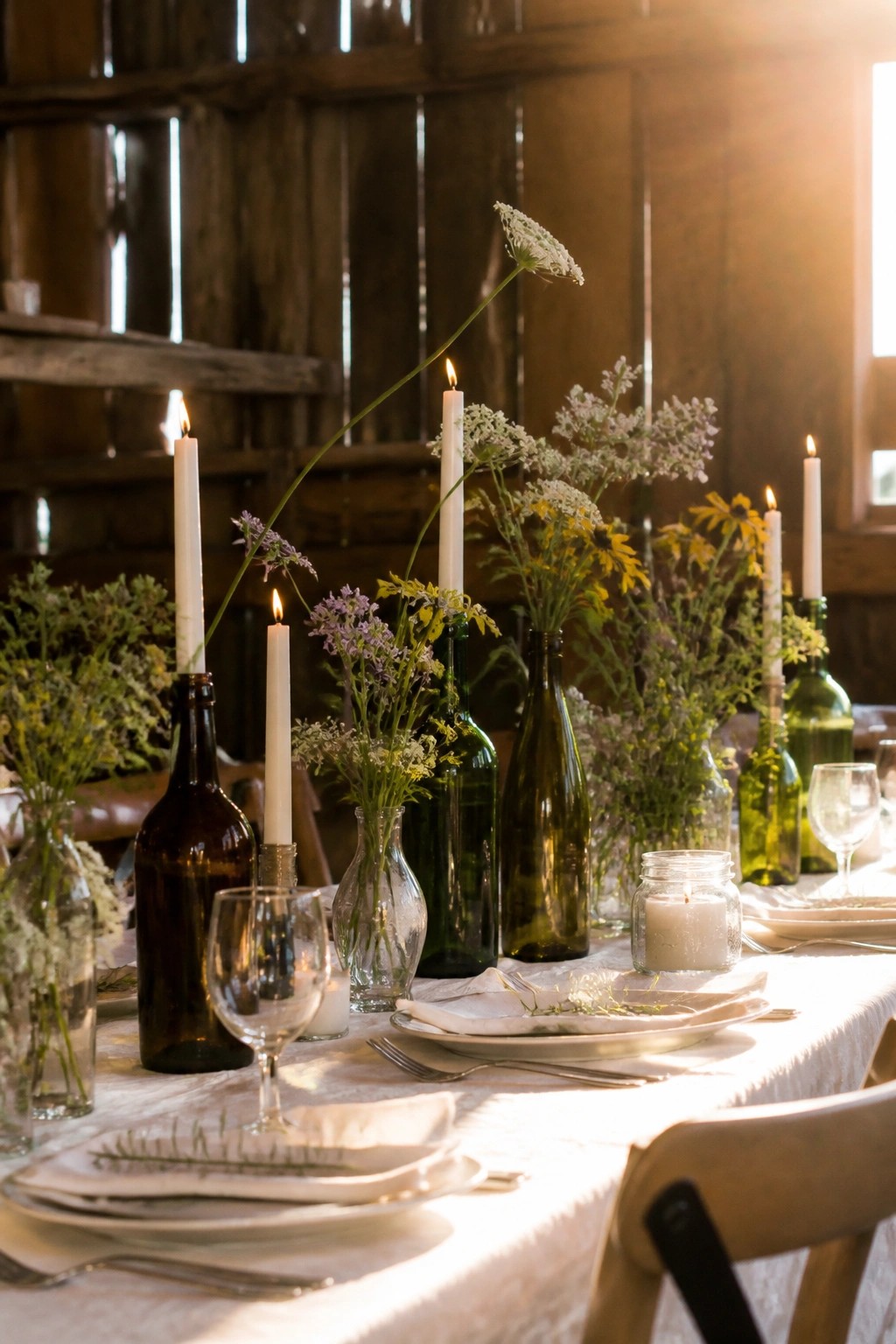 Rustic barn wedding table with green glass bottles filled with white taper candles and wildflowers on white linens under warm sunlight.