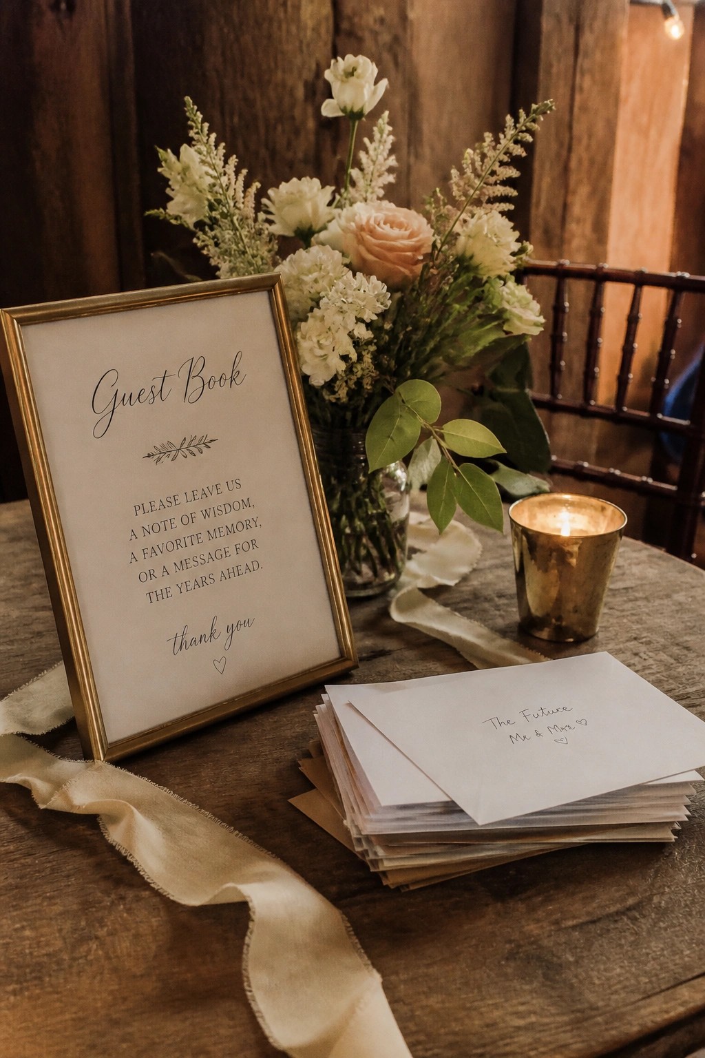 Gold framed guest book sign on rustic wooden table beside white floral arrangement in glass vase and glowing gold candle with stack of white envelopes labeled The Future Mr and Mrs