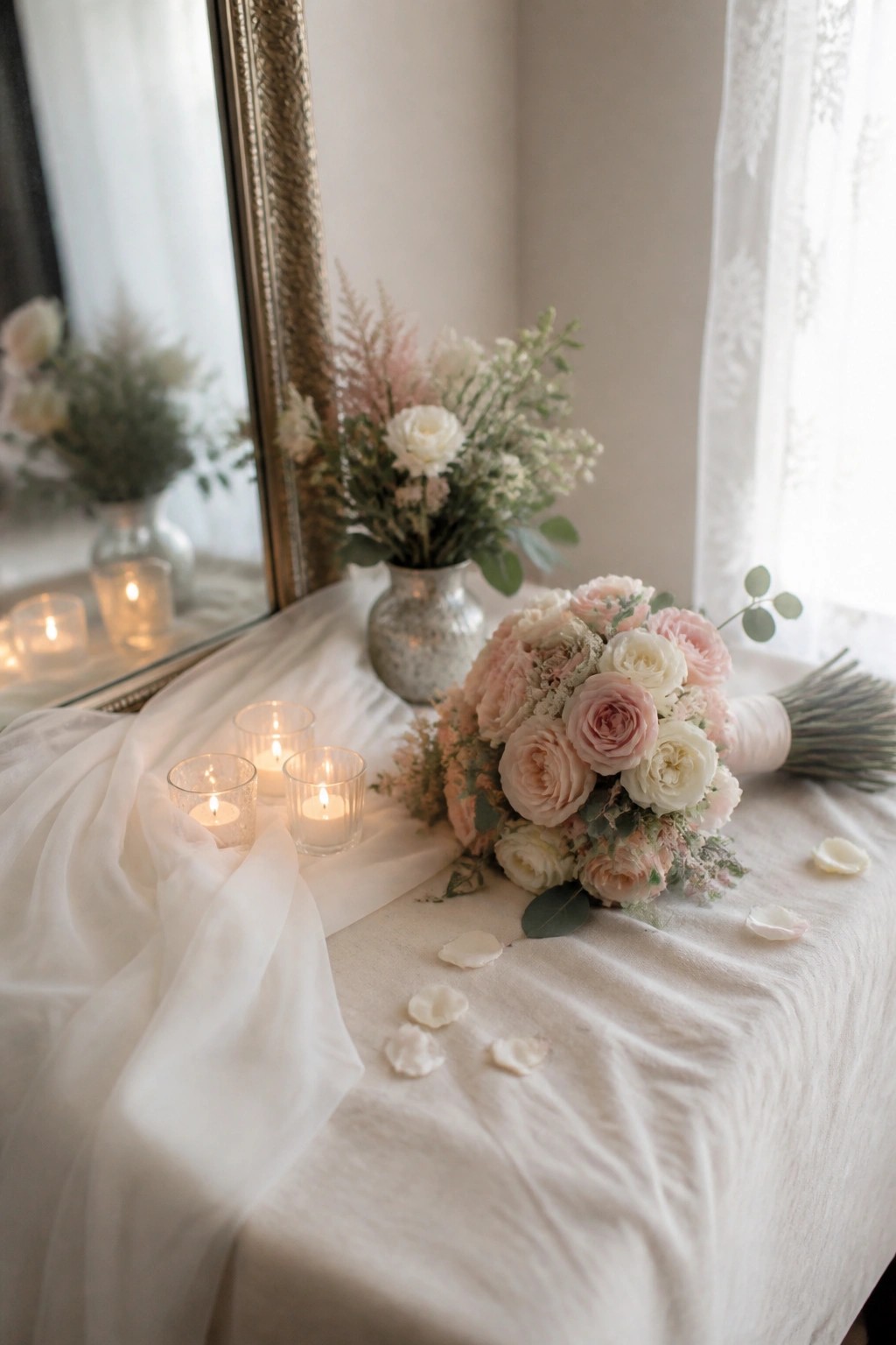 Elegant wedding bouquet of pink and white roses with lit candles on a white draped table beside a mirror reflecting more florals in soft natural light.