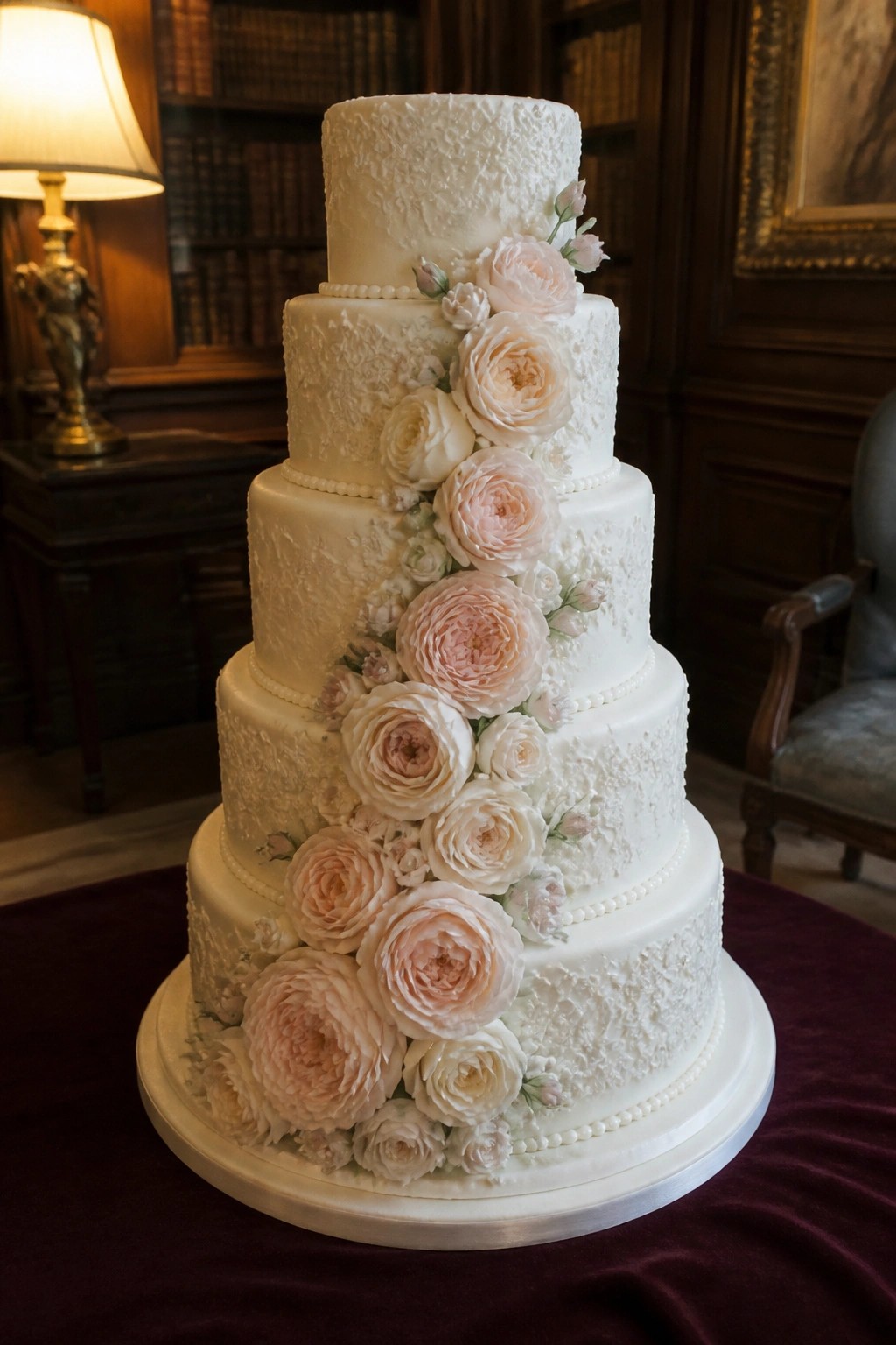 Five tier white wedding cake with lace texture, cascading pink and white roses, and pearl accents displayed on purple velvet in a library setting.