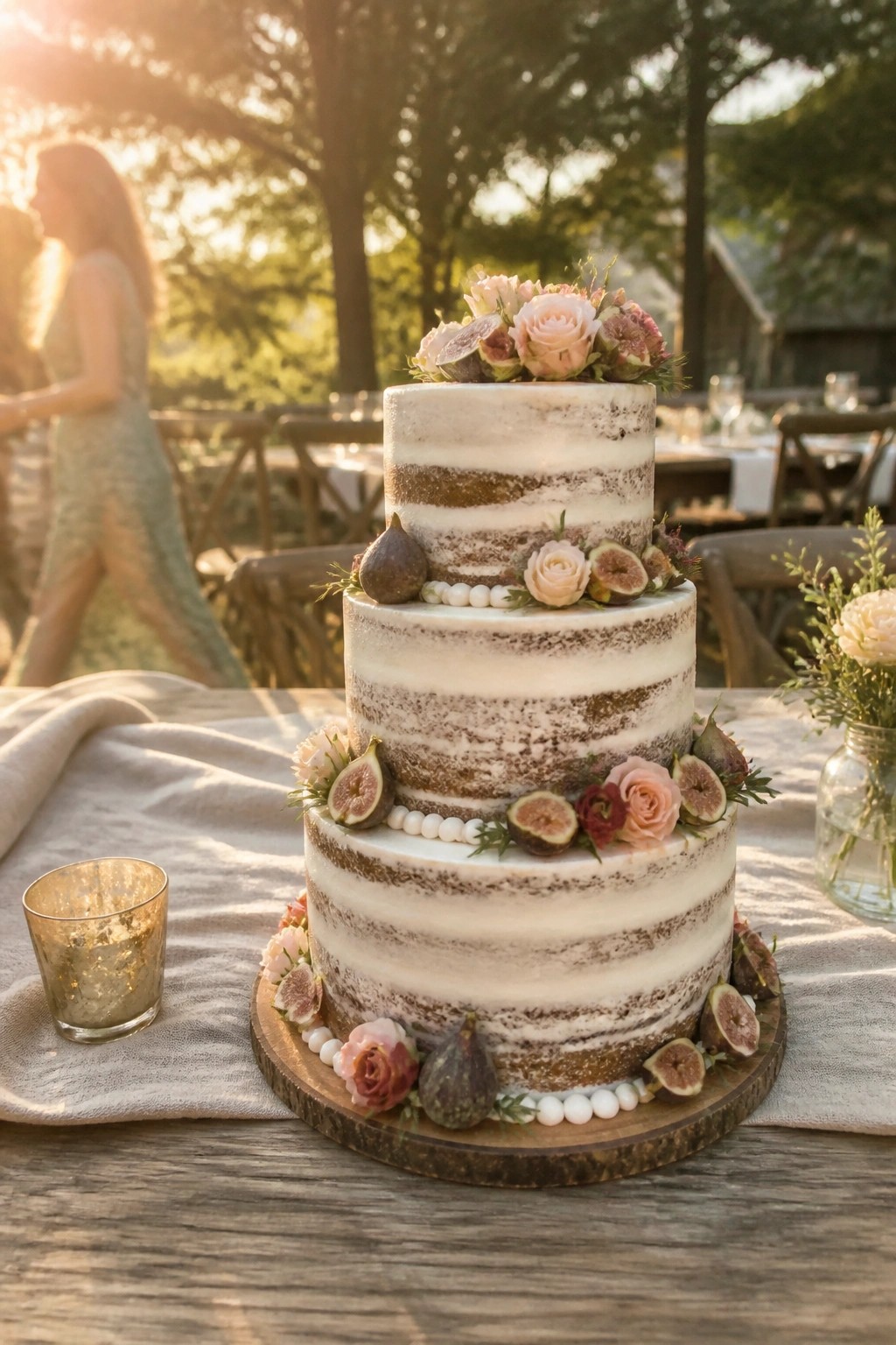 Three tier semi naked wedding cake topped with pink roses and sliced figs plus pearl details on a wooden stand during golden hour at an outdoor event