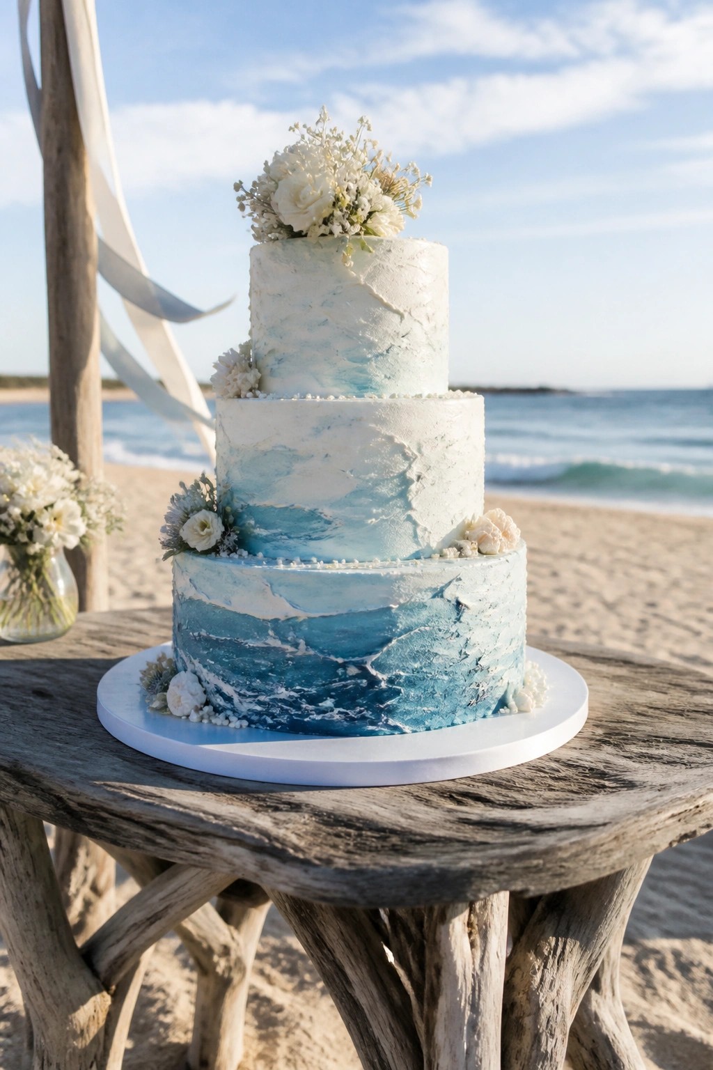 Three tiered wedding cake with blue and white ocean wave texture and white flowers displayed on a beachside wooden table.