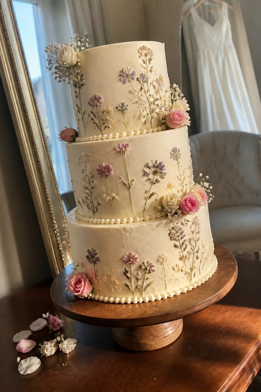 Three tier white wedding cake decorated with pressed purple and white flowers plus fresh pink roses on a wooden stand with a hanging wedding dress in soft indoor light.