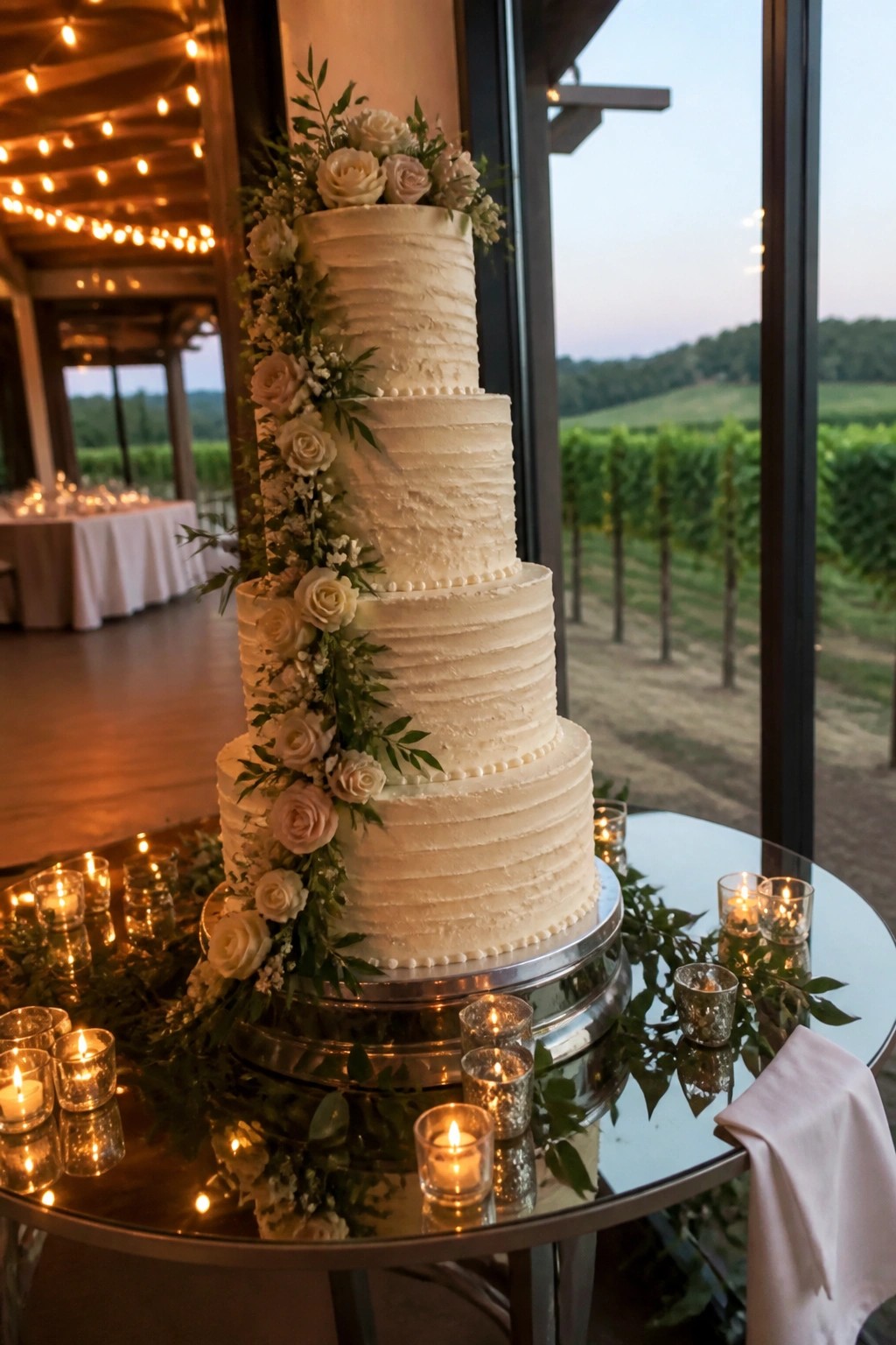 A five tier white wedding cake with textured frosting and cascading white and blush roses sits on a silver stand surrounded by lit votive candles on a glass table in a vineyard venue with string lights and large windows at dusk.