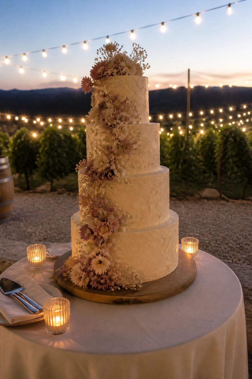 Four tier white textured wedding cake with cascading pink and white flowers on a wooden stand, surrounded by candles on a table at an outdoor vineyard event during dusk with string lights.